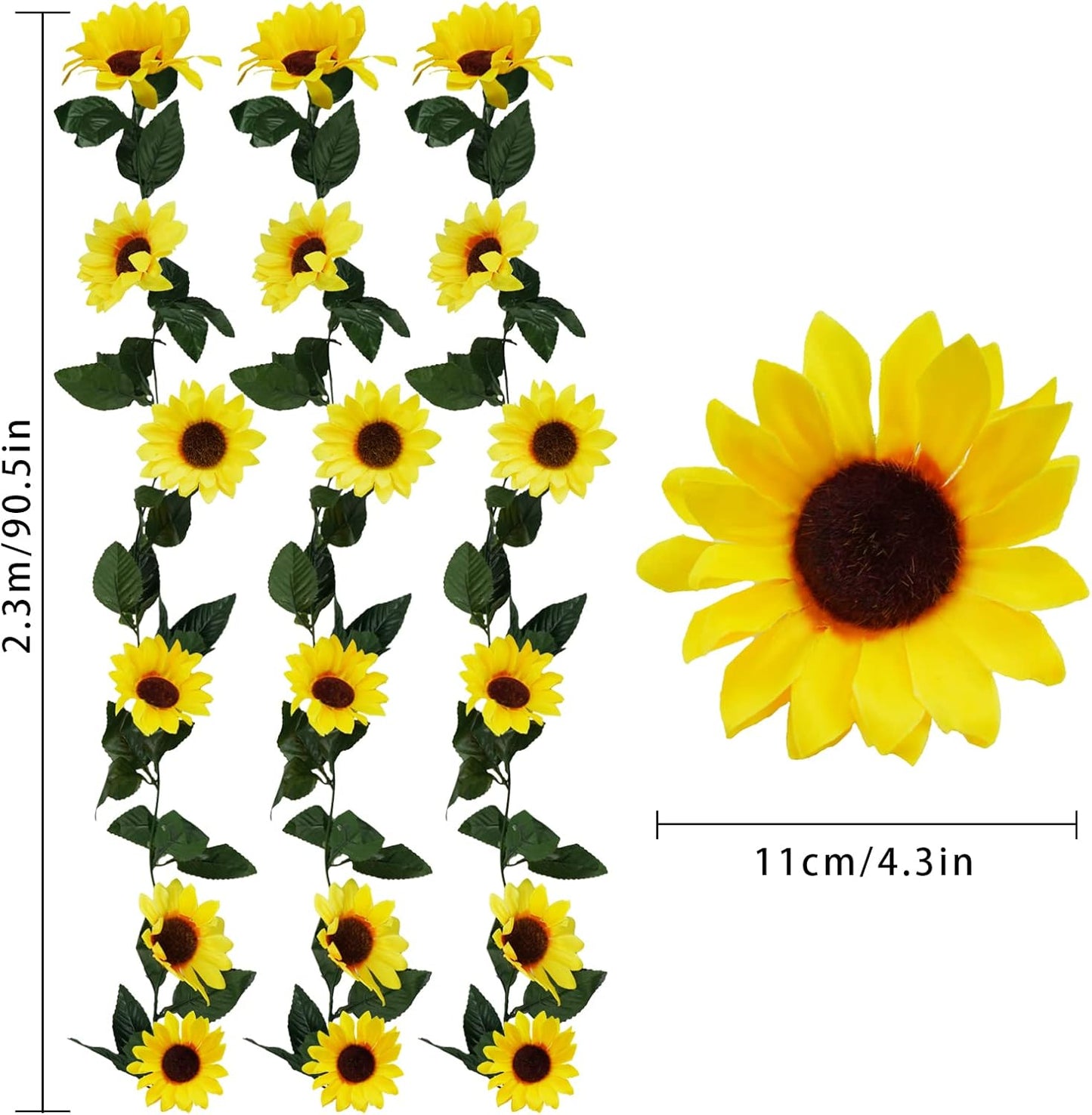 Uieke 3 Pack Artificial Sunflower Garland, 7.5ft/Strand Silk Sunflowers Hanging Vines Flowers with Green Leaves for Room Kitchen Garden Birthday Wedding Baby Shower Party Table Decor Large