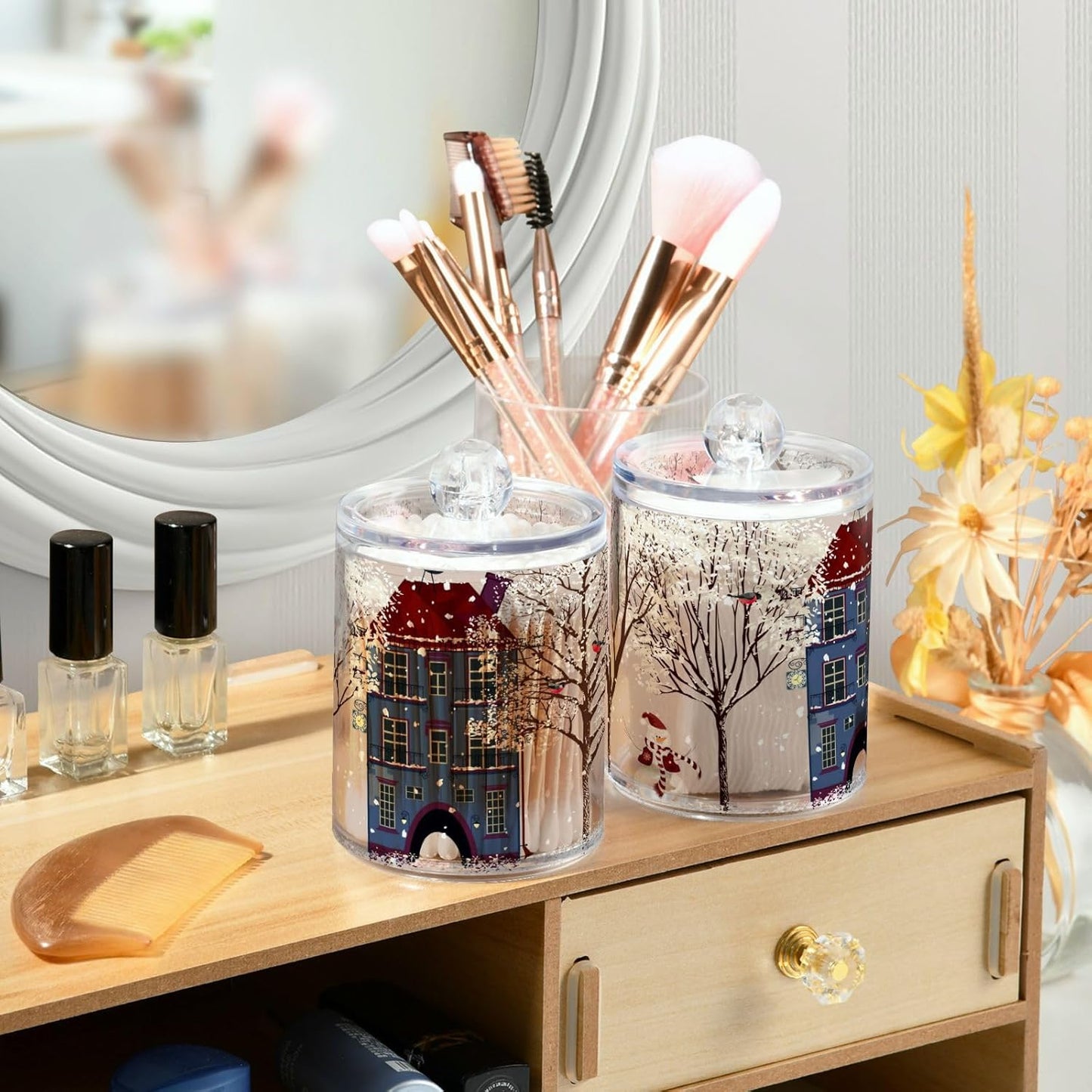 Christmas Winter Qtip Holder Dispenser 4 Pack Snowmen Snow Courtyard with Trees Apothecary Jars with Lids Bathroom Vanity Countertop Canister Storage Organizer for Cotton Ball,Swabs,Pads,Floss