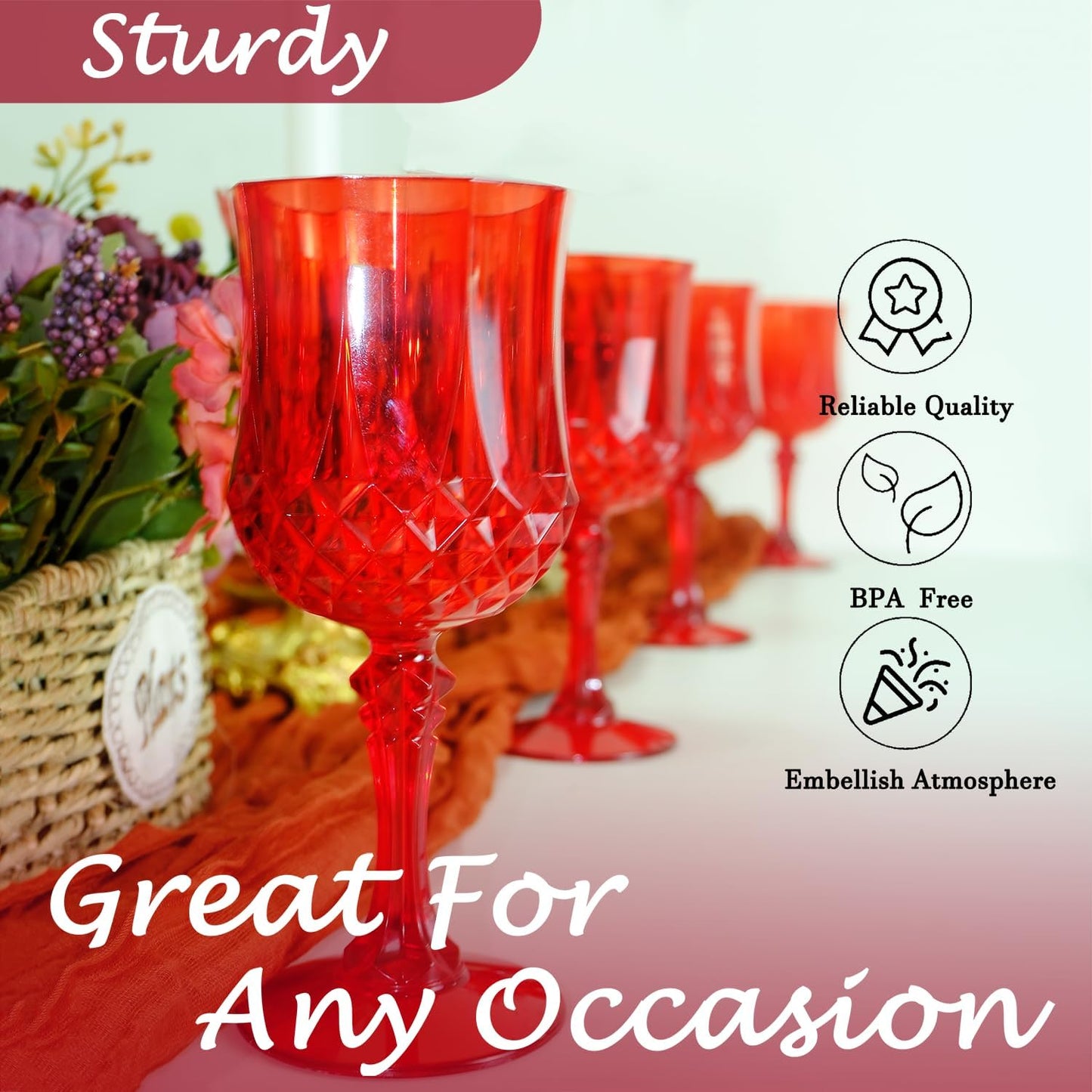 Plastic Wine Glasses,Plastic Goblets Vintage Style Cordial Drinking Glasses for Wedding Reception, Christmas Grand Event Party Supplies (12, Red)