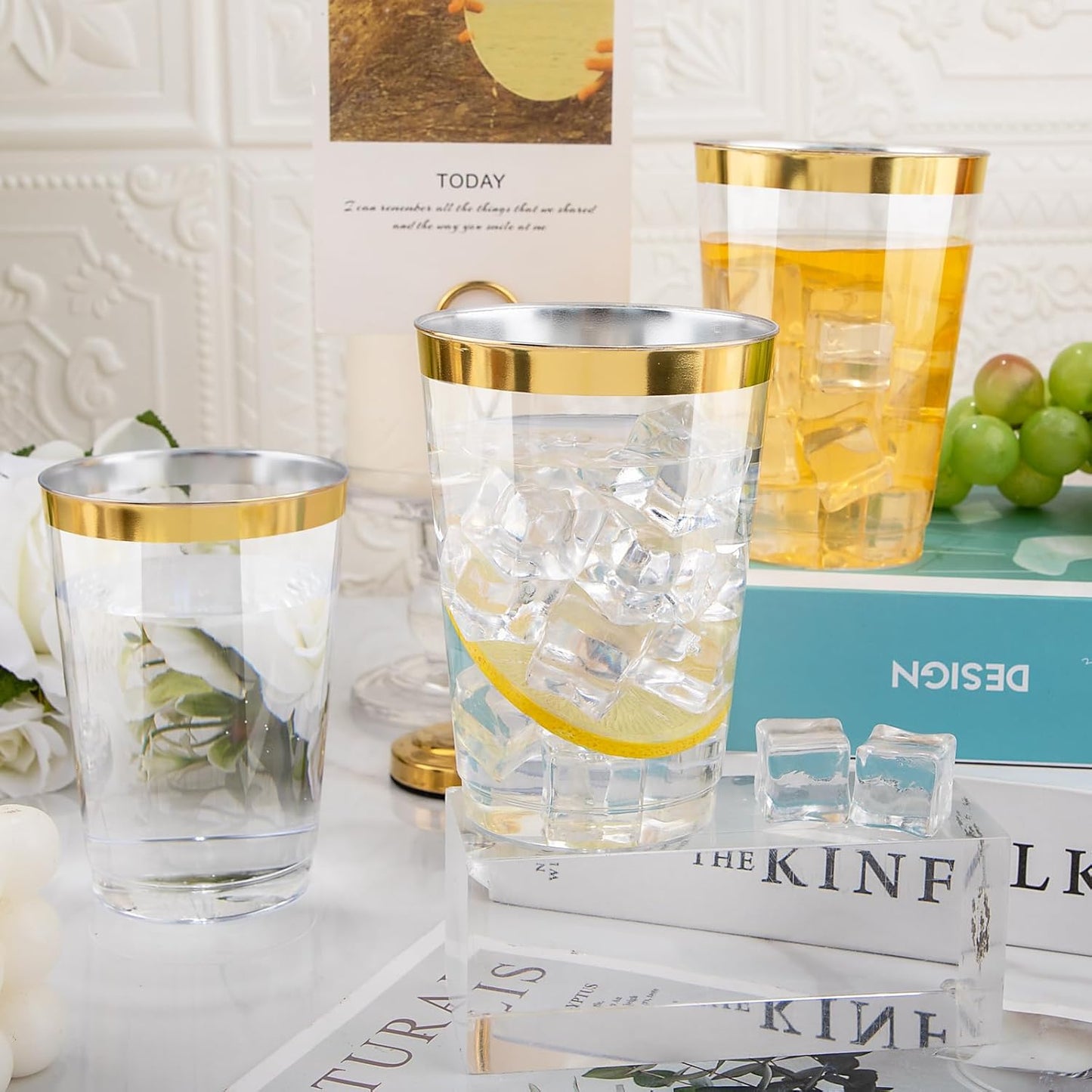 I00000 200 Pack 12 oz Gold Plastic Cups, Clear Disposable Cups, Disposable Plastic Wine Glasses Cocktail Glasses Premium Cups with Gold Rim, 12 Ounce Tumblers for Party & Wedding