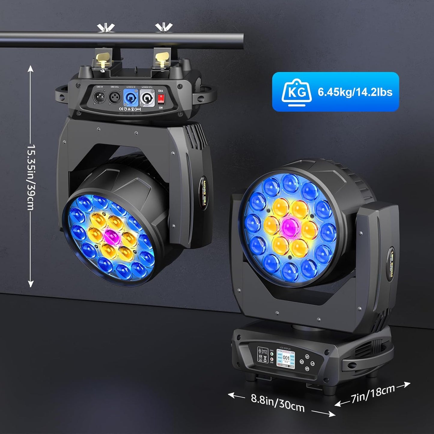 19x10W Moving Head Light Focusing/Beam/Wash/Zoom Effect Stage Lights 4-in-1 LED DMX512 & Sound Activated Control for DJ Disco Nightclub KTV Bar Theater Shopping Mall (4 PCS