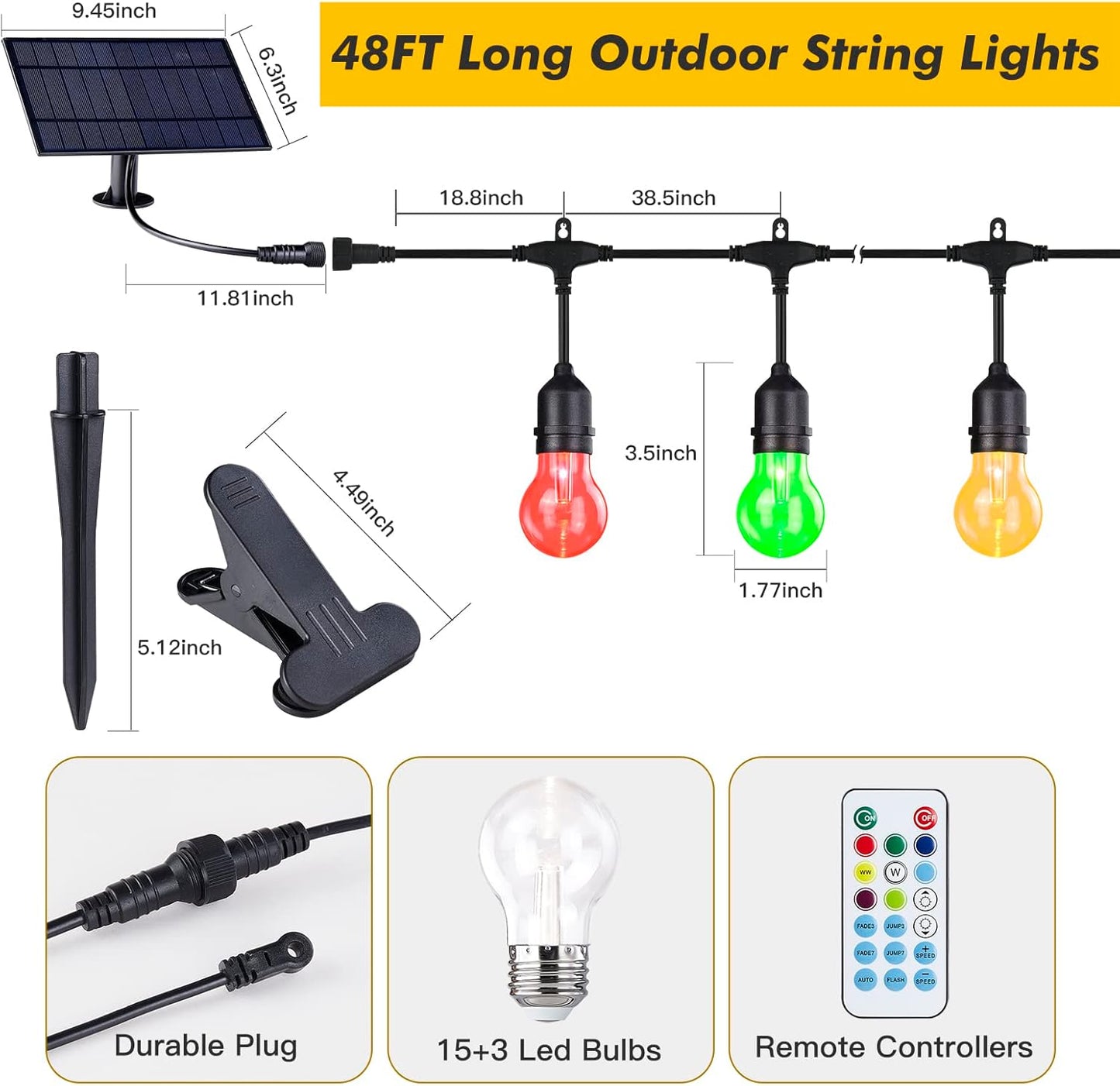 Solar Outdoor RGB String Lights, 48FT Dimmable Patio Lights with 15 Shatterproof Edison Bulbs, Commercial Grade Waterproof LED String Lighting with Remote for Party, Garden, Yard