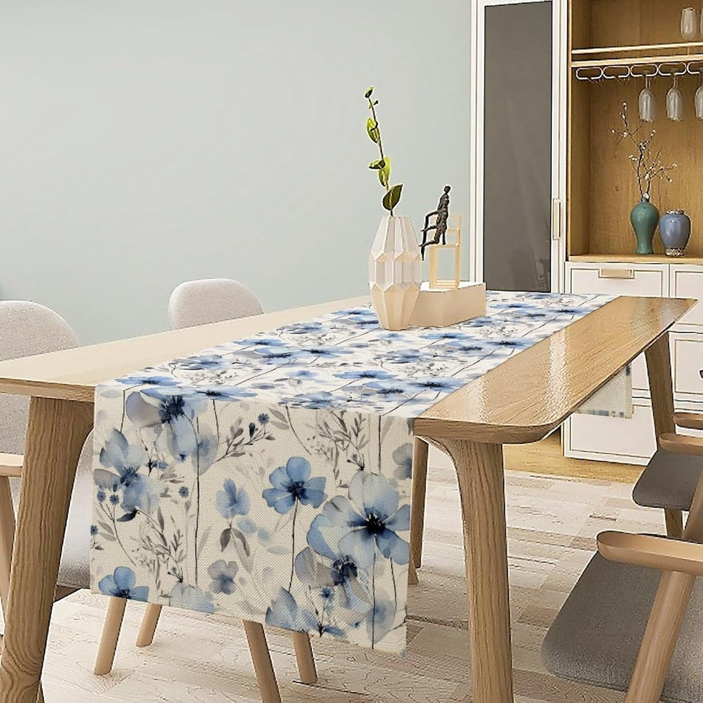 Watercolor Floral Table Runner, Blue Poppy Flower Seasonal Spring Summer Table Runner for Kitchen Dinning Table Runner Decor Home Wedding Party Holiday, 13x120 Inch