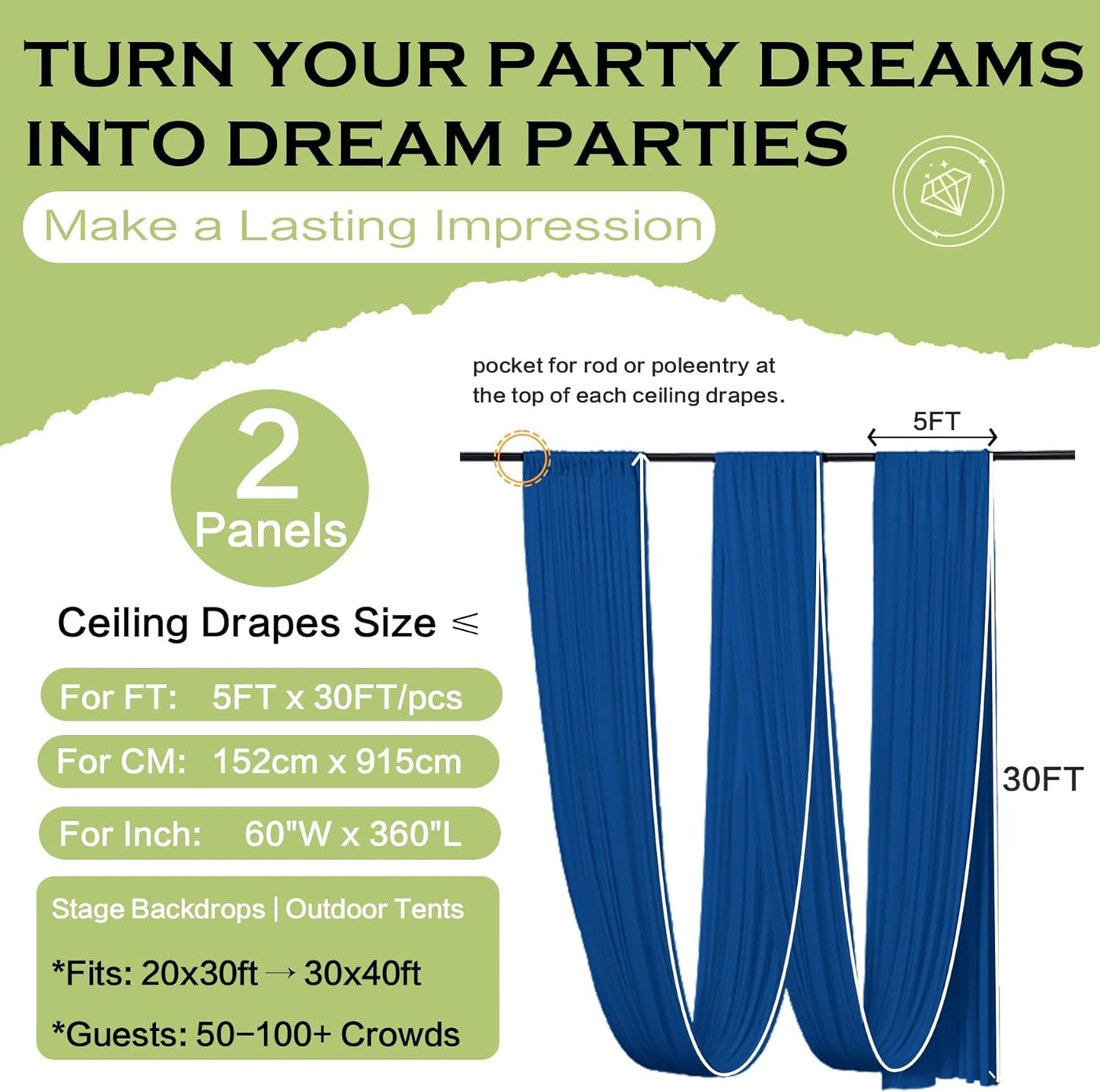 PartyVillage 2 Panels 5ftx30ft Royal Blue Ceiling Drapes for Wedding Parties – 30 FT Extra Long Thick Polyester Wrinkle-Free Drapery Tent Decor Decorations for Birthday Party Ceremony Stage Swag