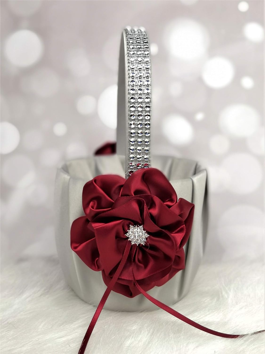 Abbie Home Flower Girl Basket in Silver Satin Cover with Burgundy Ribbon Flower Rhinestone Decor Luxury Satin Collection Party Favor Set(Burgundy+Silver Basket)