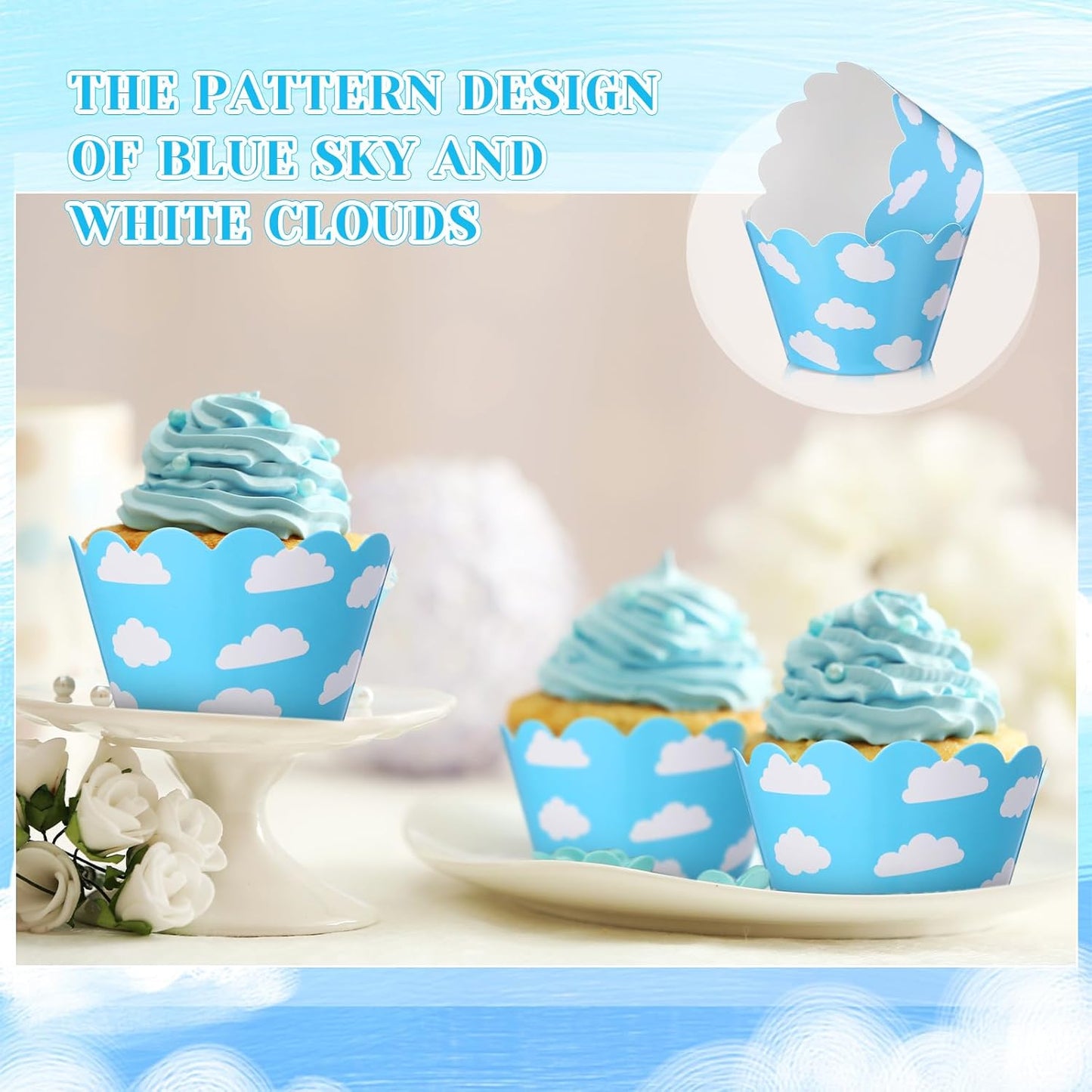 Domensi 100 Pcs Sky Clouds Blue Party Cupcake Wrappers Cloud Cupcake Liners Baking Cups Baking Liners for Spring Summer Wedding Bridal Baby Shower Birthday Party Supplies Dessert Decoration