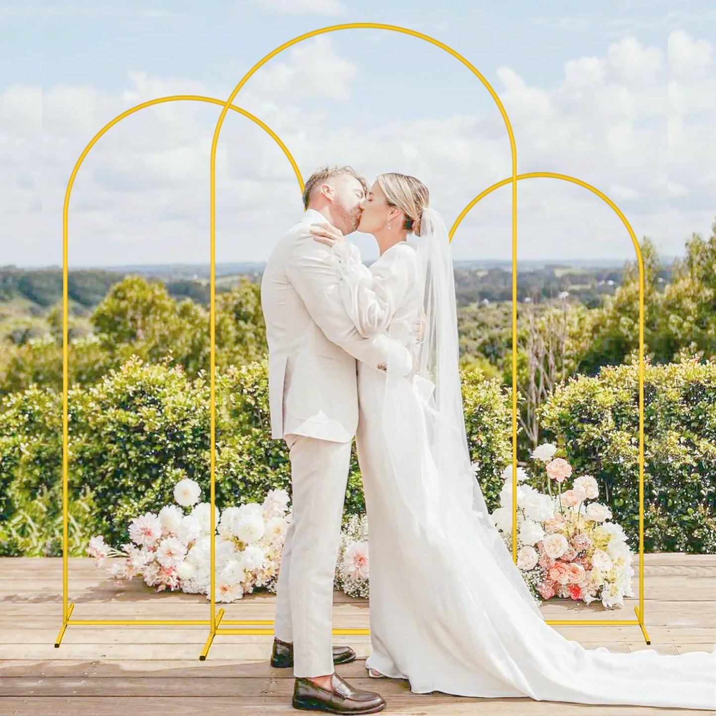 MODFUNS Arch Backdrop Stand with Cover 6&6.6&7.2ft Gold Wedding Arch Stand Set of 3 White Arch Backdrop Covers Backdrops Stand for Party Birthday Banquet Wedding Arched Frame