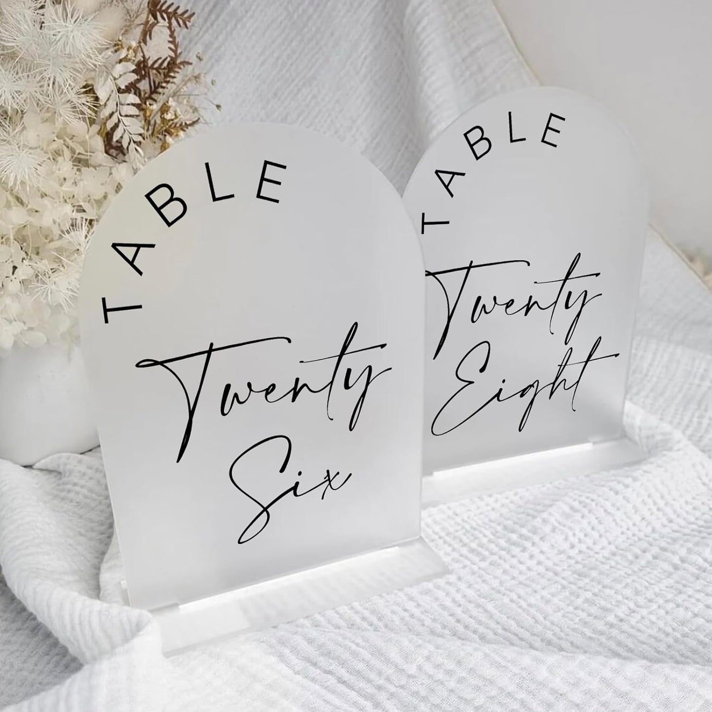 JINMURY Frosted Arch Wedding Table Numbers 1-30 with Stands, 5x7 Inch Frosted Arch Acrylic Sign with Black Letters, Arched Acrylic Table Numbers for Wedding Reception