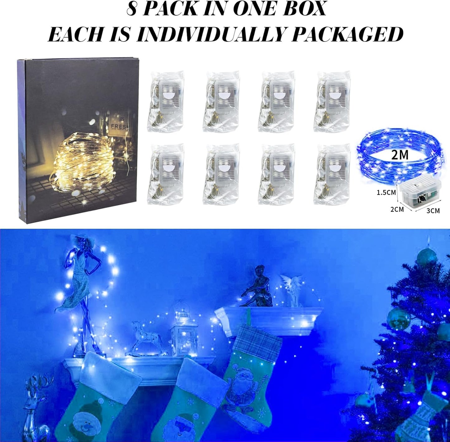 ZGWJ 8 Pack Fairy Lights Battery Operated, 7ft 20 Mini LED Fairy String Lights Silver Wire 3 Modes for DIY, Parties, Wedding, Bedroom, Halloween Christmas Decoration Blue