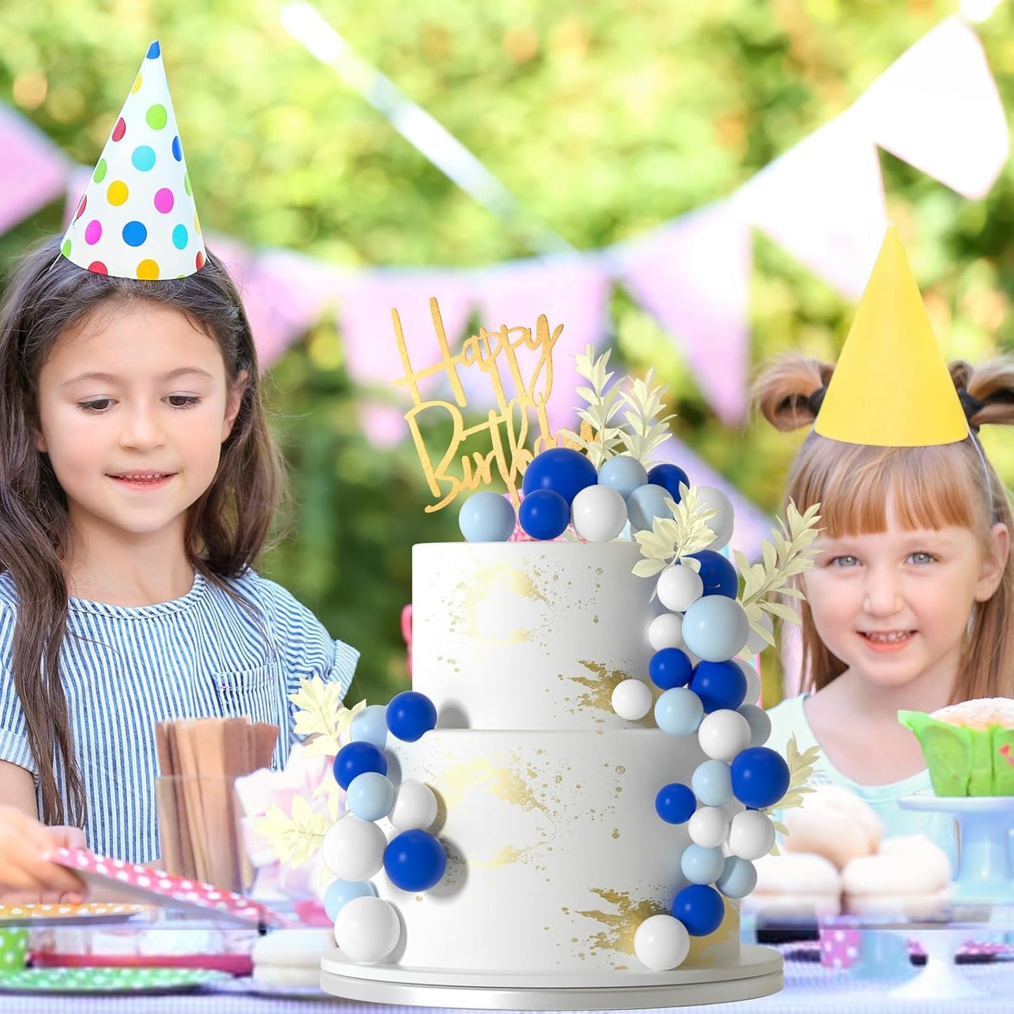 MIAHART Ball Cake Toppers Boho Grass Cake Topper Ball Cake Insert Decoration for Birthday Wedding Baby Shower Party Decorations Boho Themed Party Supplies (blue,white,light blue)