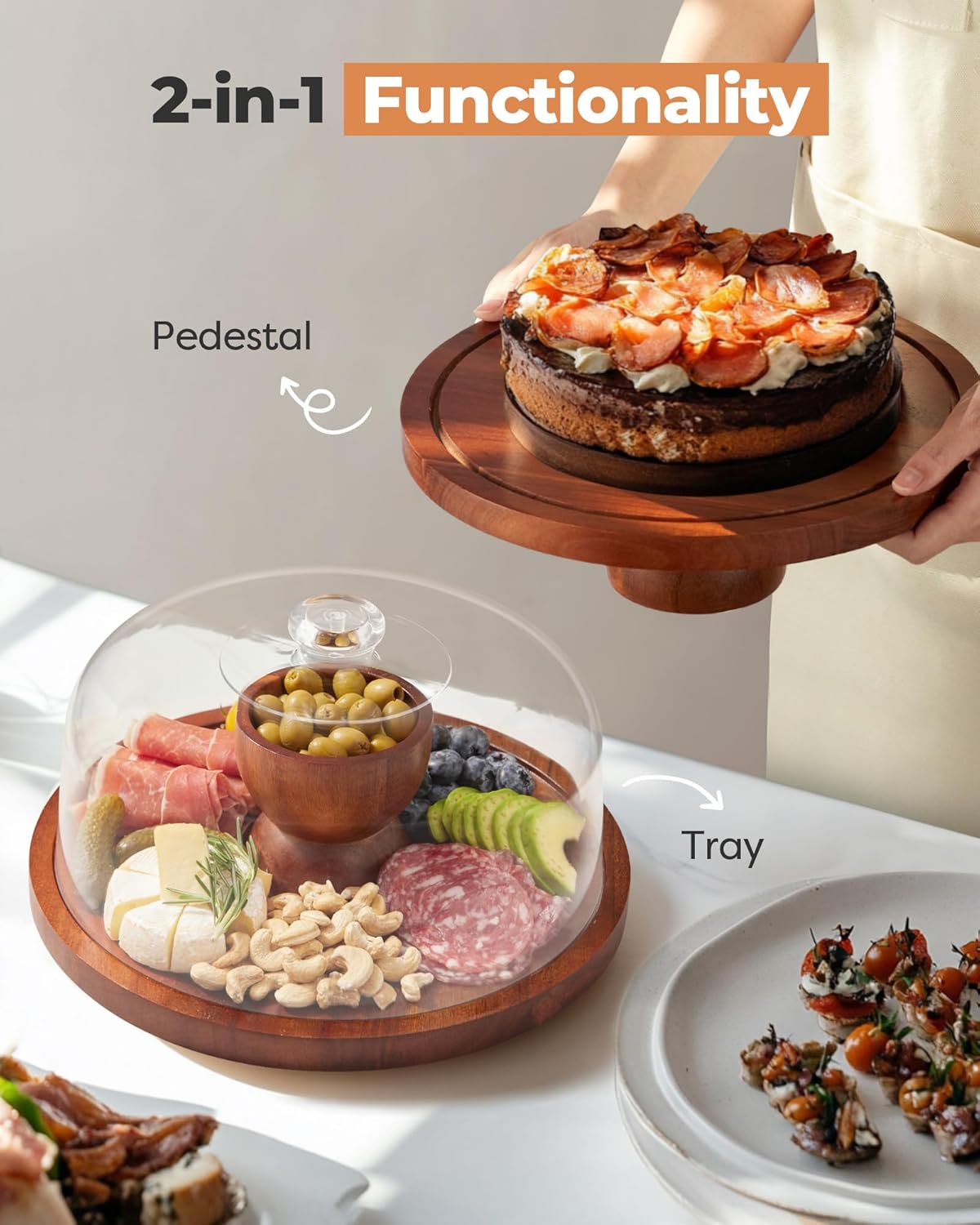Kootek Wood Cake Stand with Lid, 2-in-1 Wooden Cake Plate & Covered Charcuterie Board, Footed Cake Container Dessert Display Holder with Dome Cover for Weddings, Parties, Bakeries (12 Inch)