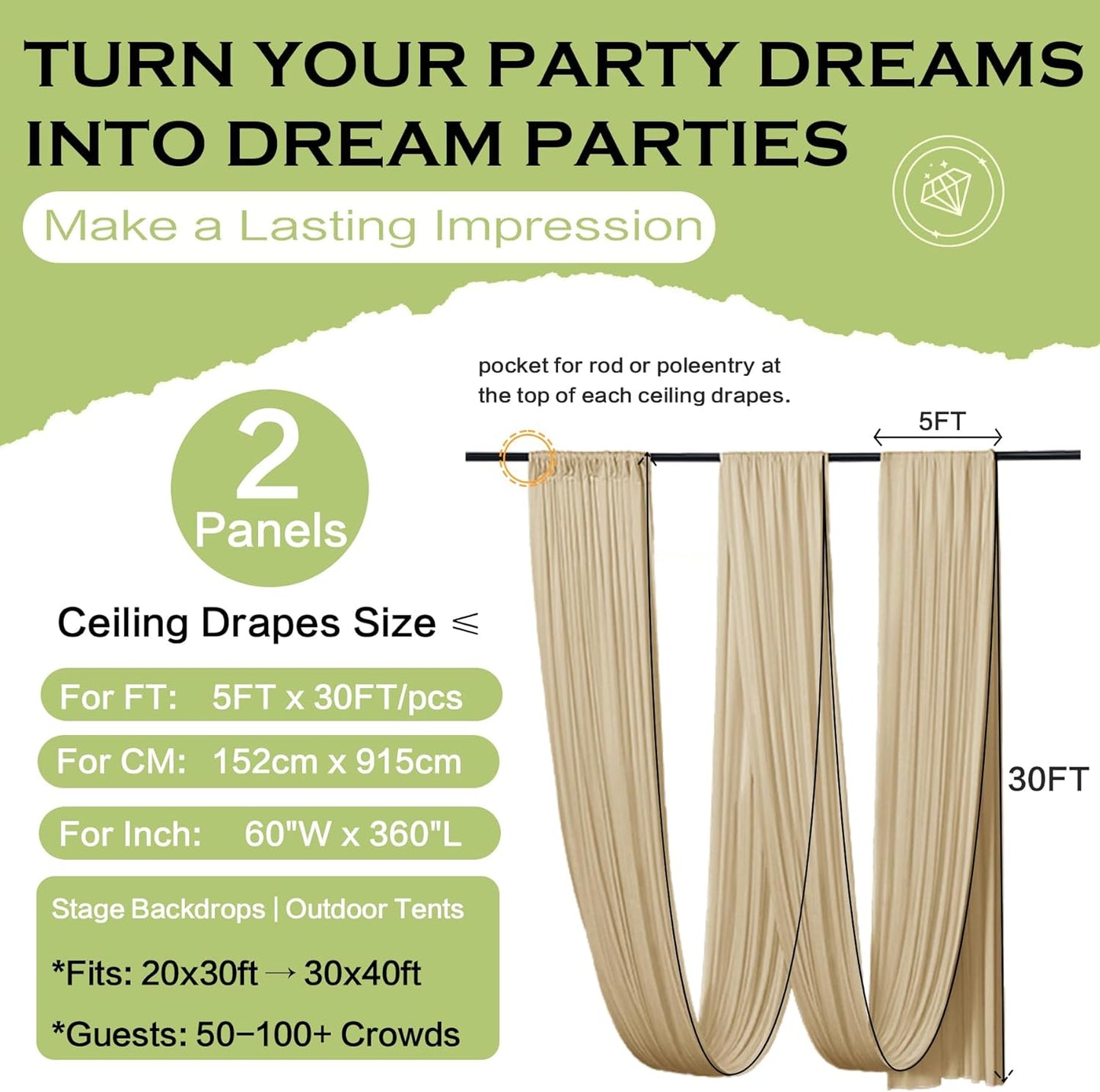 PartyVillage 2 Panels 5ftx30ft Beige Ceiling Drapes for Wedding Parties – 30 FT Extra Long Thick Polyester Wrinkle-Free Drapery Tent Decor Decorations for Birthday Party Ceremony Stage Swag