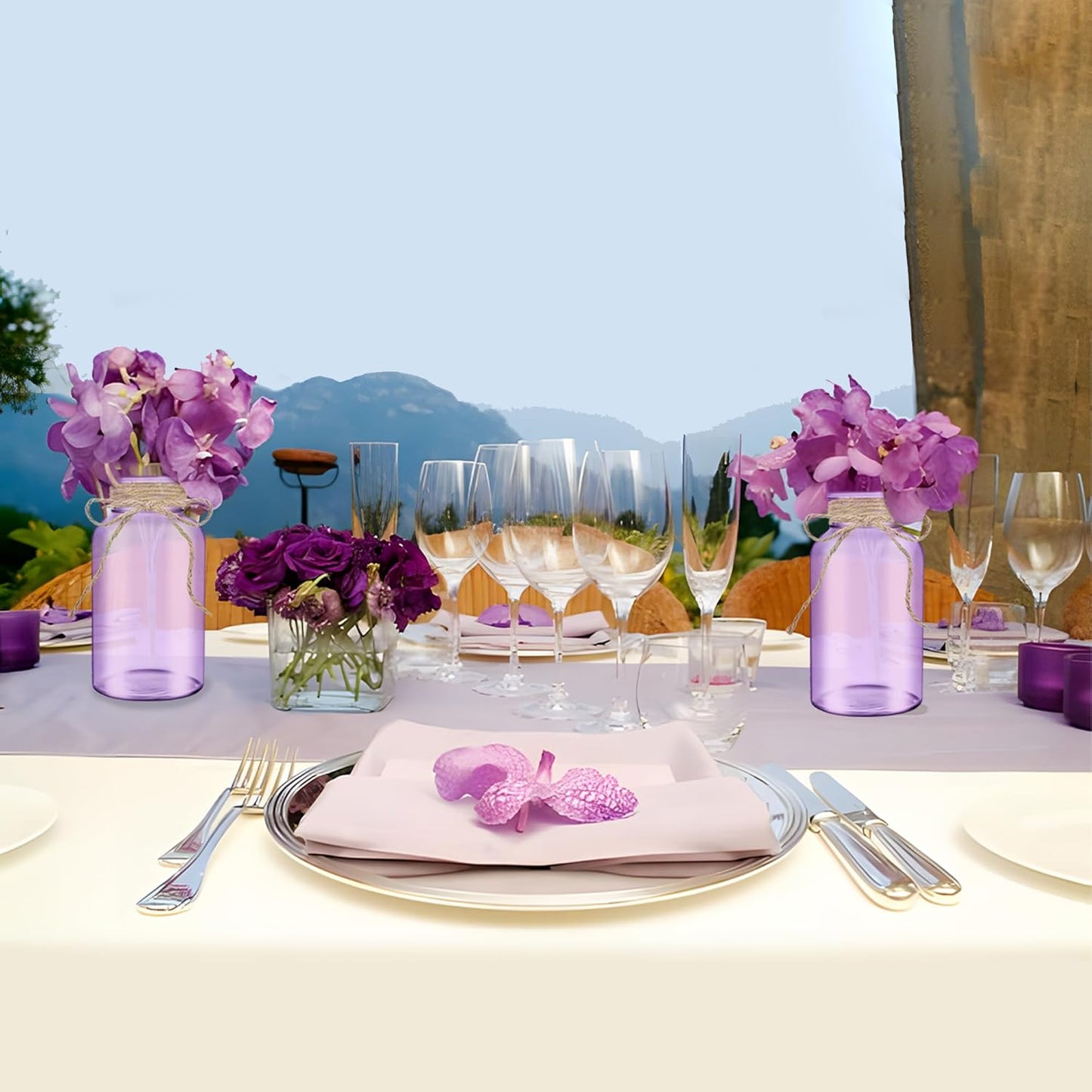 Vintage Glass Flower Vase,12 Pack Farmhouse Purple Glass Centerpiece Vases Mason Jars for Weddings, Parties & Home Decor Bulk (12, Purple)