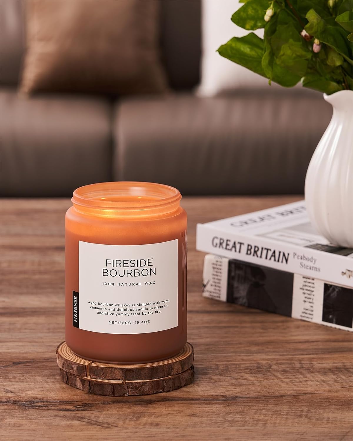M&SENSE Fireside Bourbon Candles Strong Scented, 2 Wick Jar Candle 19.4oz 110 Hour Long Lasting, Organic Natural Soy Wax Candle for Bedroom Kitchen Home Decor, Warm Housewarming Gifts for Men Women