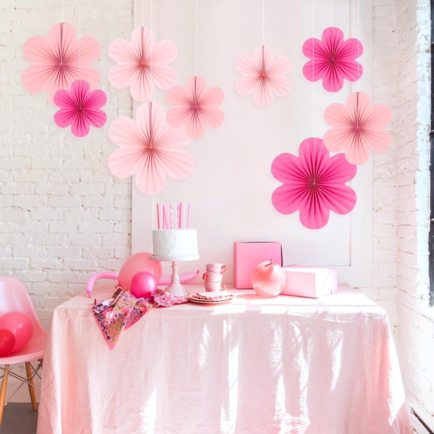 SUNBEAUTY Paper Decoration, Set of 9 - Hot Pink Flower Hanging Ornaments, Party Fans & Floral Backdrop for Weddings, Baby Showers, Birthdays & More