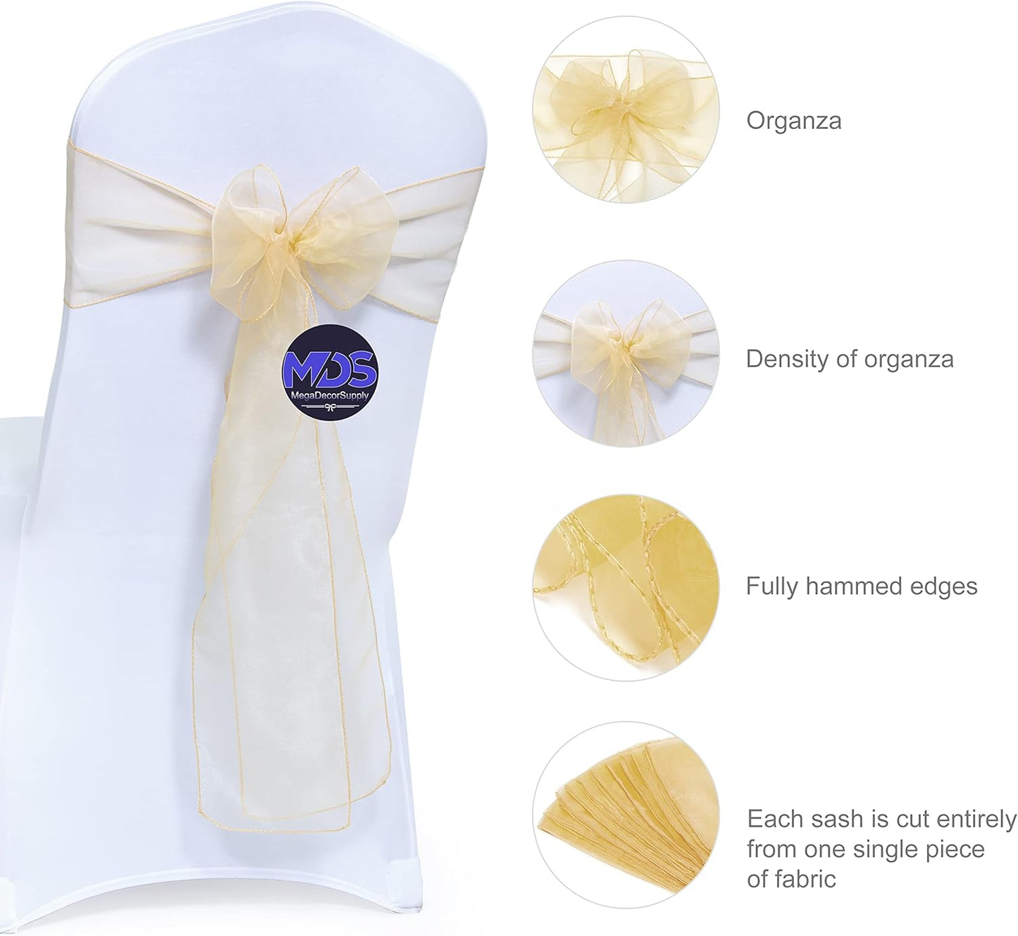 MDS Pack of 25 PCS Organza Chair Sashes Wider Dining Chair Bows Ribbon Tie Back for Wedding Party Birthday Bridal Shower Reception Event Banquet Home Chair Cover Decoration - Beige