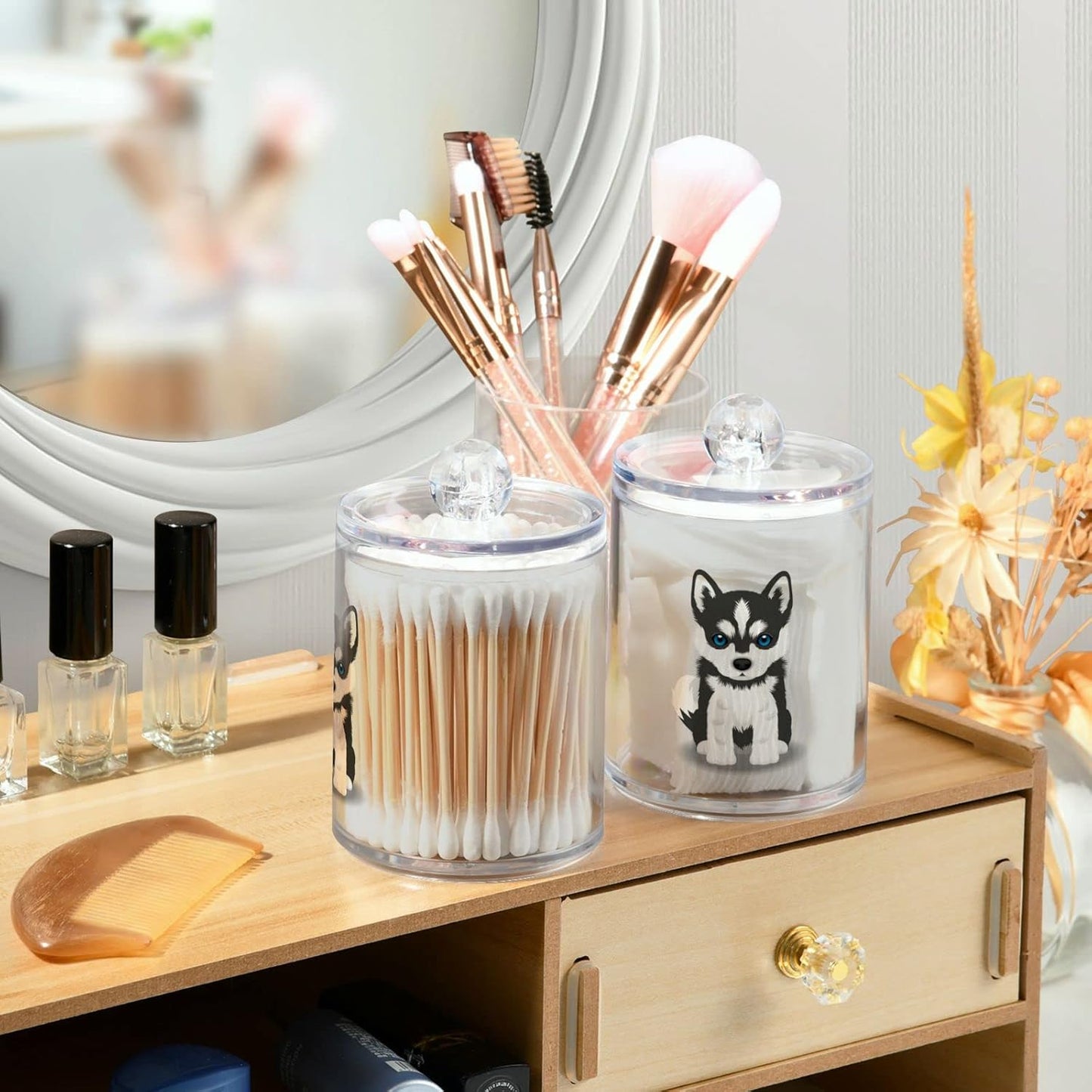 2 Pack Qtip Dispenser Apothecary Jars Dog Bathroom Organizer, Siberian Husky Puppy Qtip Holder Storage Canister Plastic Acrylic Jar for Cotton Ball/Swab/Rounds