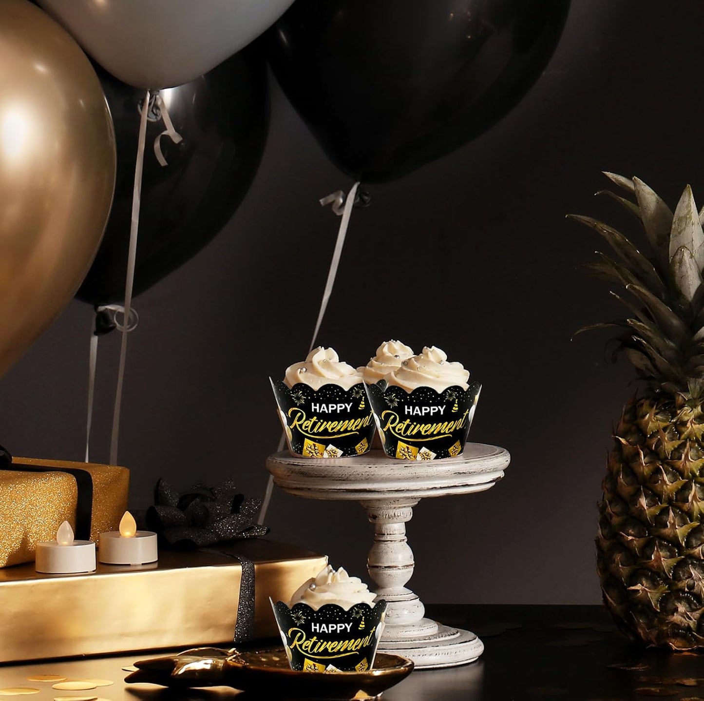 Whaline 36Pcs Happy Retirement Cupcake Wrappers Black Gold Retirement Cupcake Liners Decorative Cupcake Holders for Party Cake Dessert Decoration