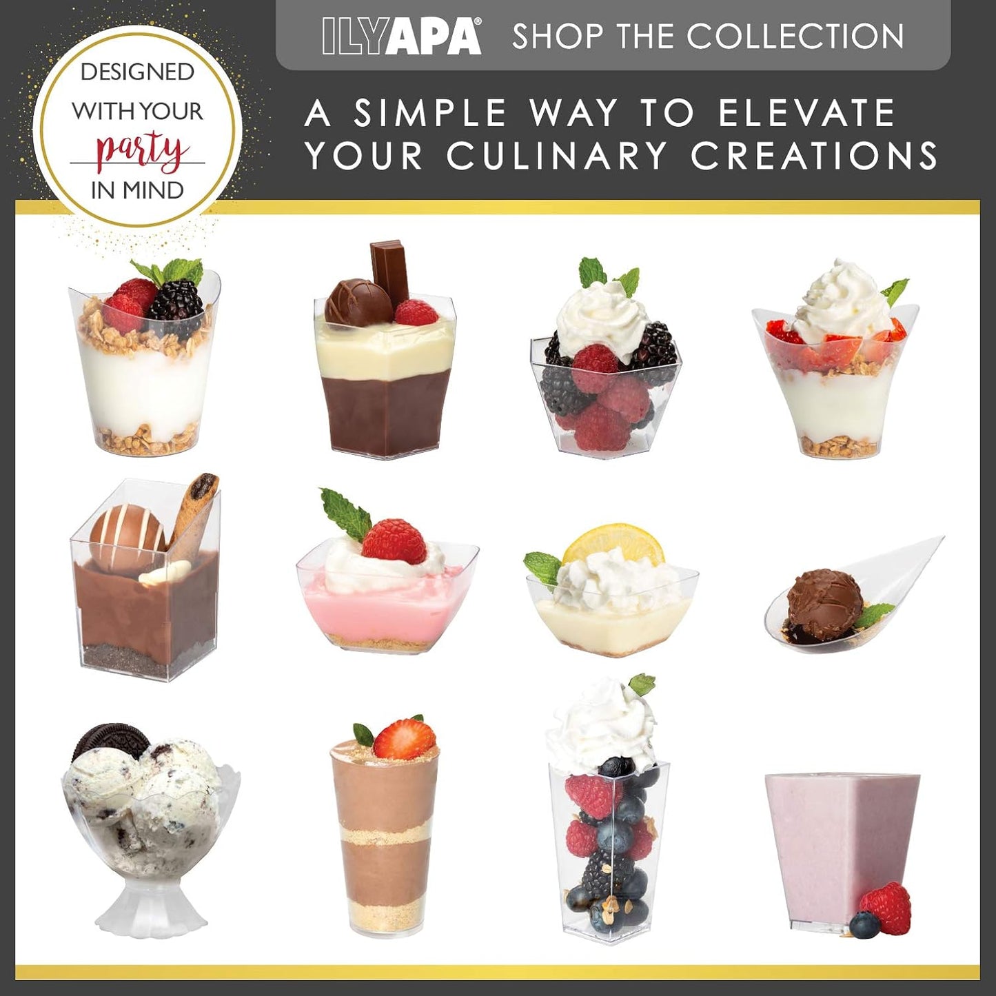 Ilyapa 5oz Plastic Dessert Cups - 100 Pack Mini Dessert Cups with Spoons - Clear Reusable Small Appetizer Cup for Cheesecake Shooters, Chocolate Mousse, Parfait - Party and Catering Supplies - Square