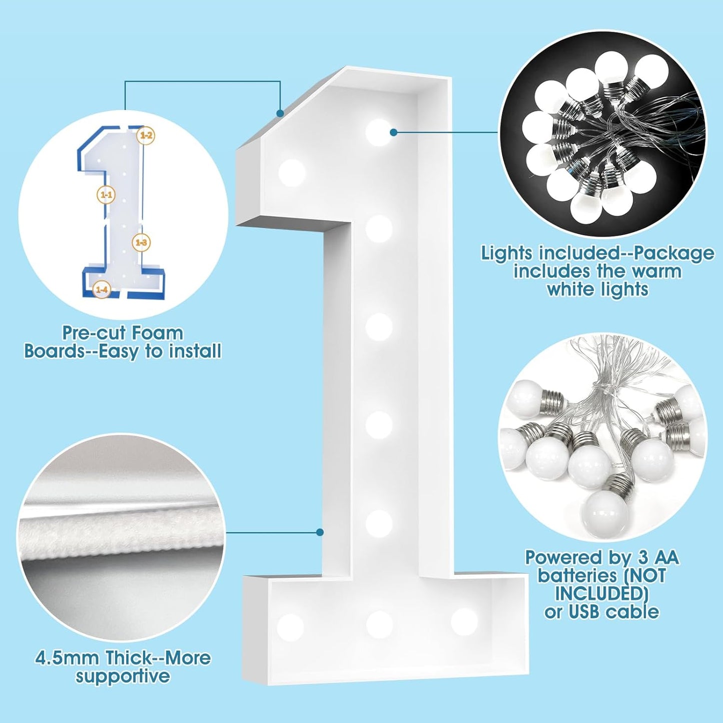 Ledido 4FT Marquee Light Up Numbers, Cool White Light Up Numbers Large Marquee Numbers for Party Decorations,5th 15th Birthday Anniversary Decor, Number 5