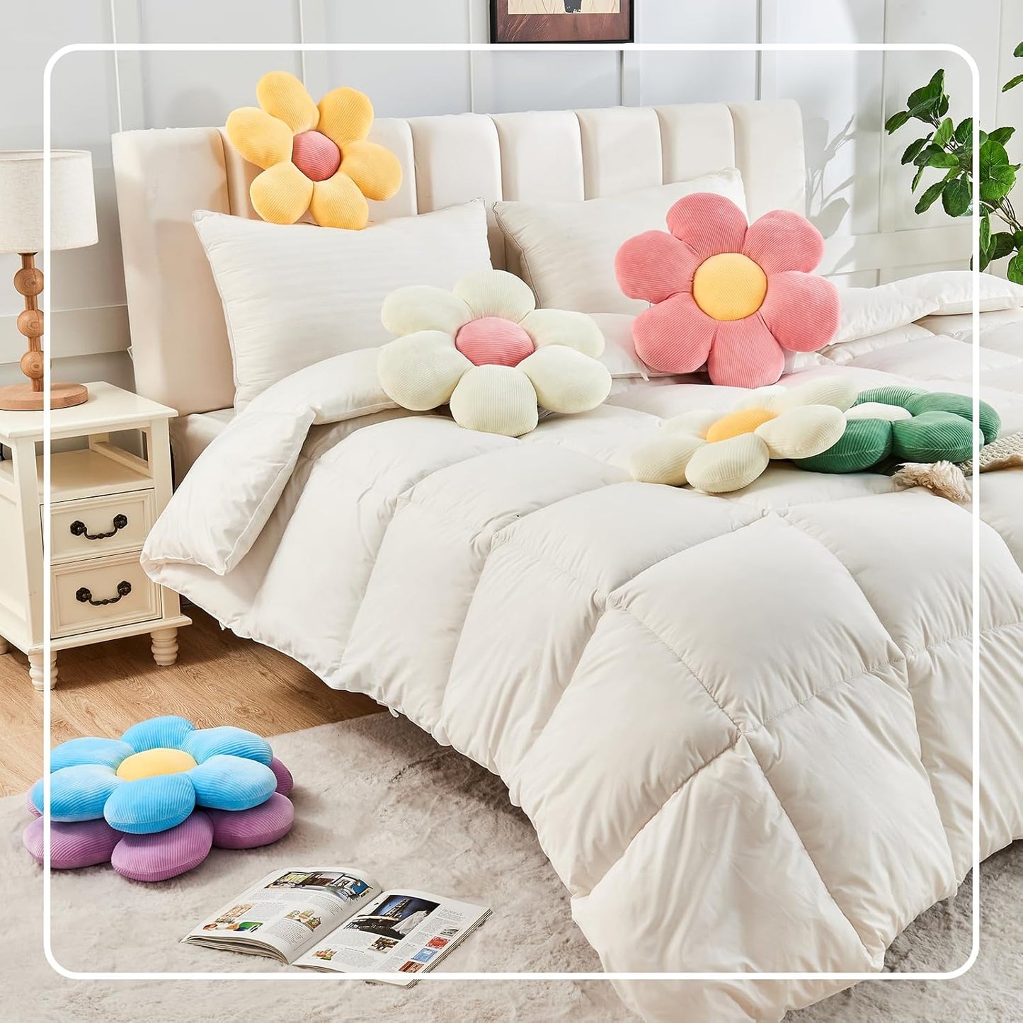 Blue Flower Pillow, 19.6" Cute Flower Shaped Floor Pillow, Aesthetic Floral Plush Daisy Decorative Throw Pillows for Bed Sofa Couch