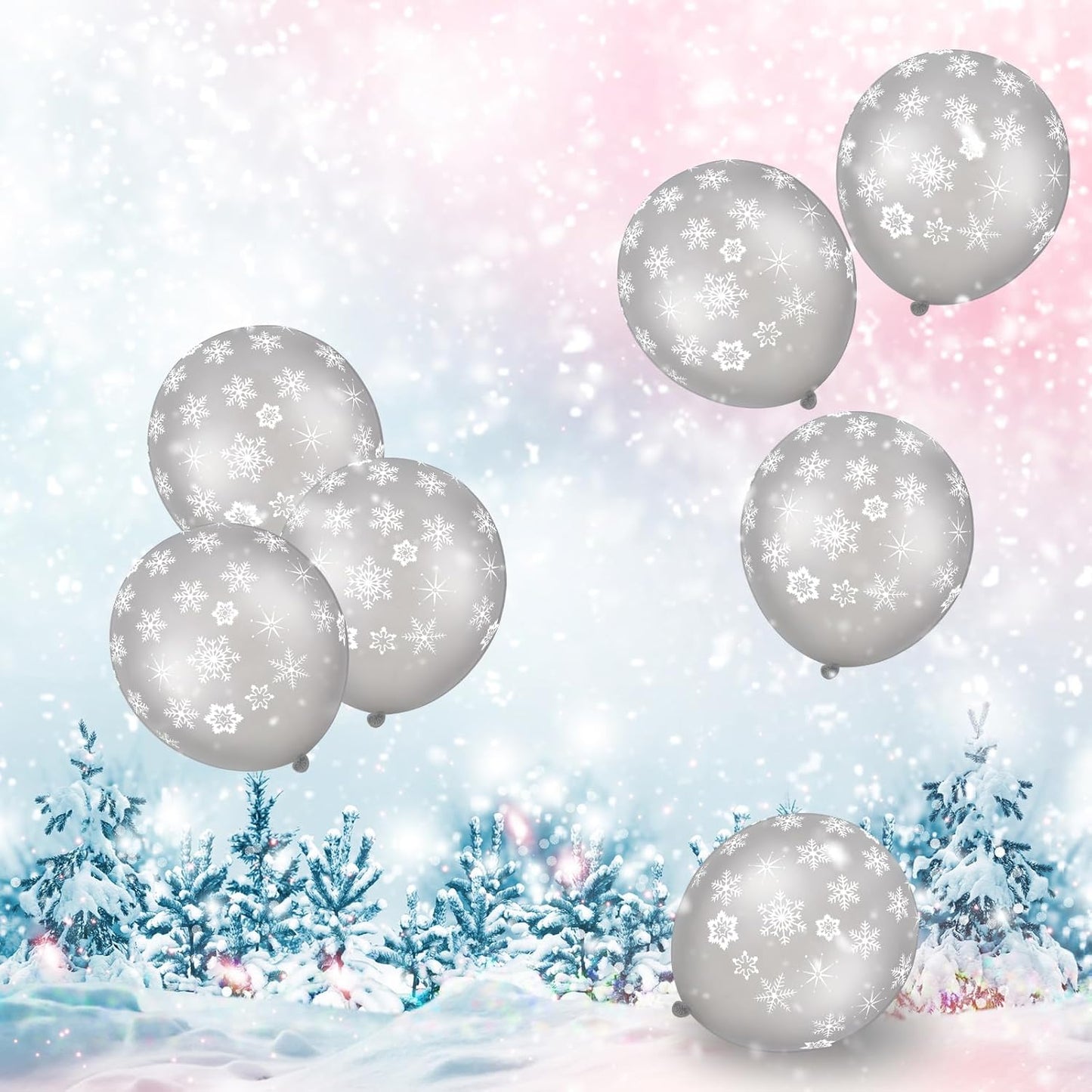 Skylety 40 Pieces Snowflake Balloons Bulk Winter Transparent Snowflake Latex Balloons for Christmas Birthday Wedding Party Decorations (Silver)