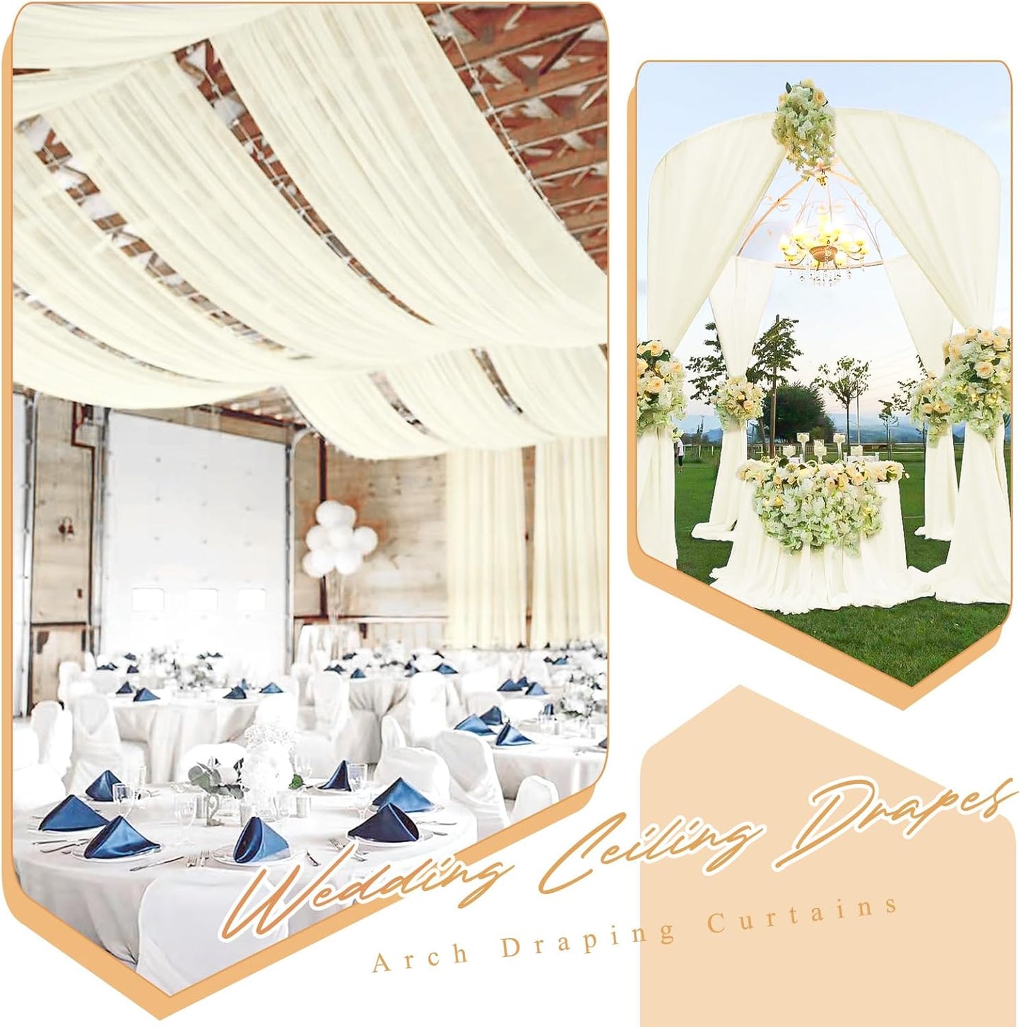 6 Panels Ivory Ceiling Drapes for Wedding 5ftx30ft Sheer Drapery Chiffon Fabric Arch Draping Curtains for Party Ceremony Birthday Baby Shower Reception Stage Ceiling Decorations
