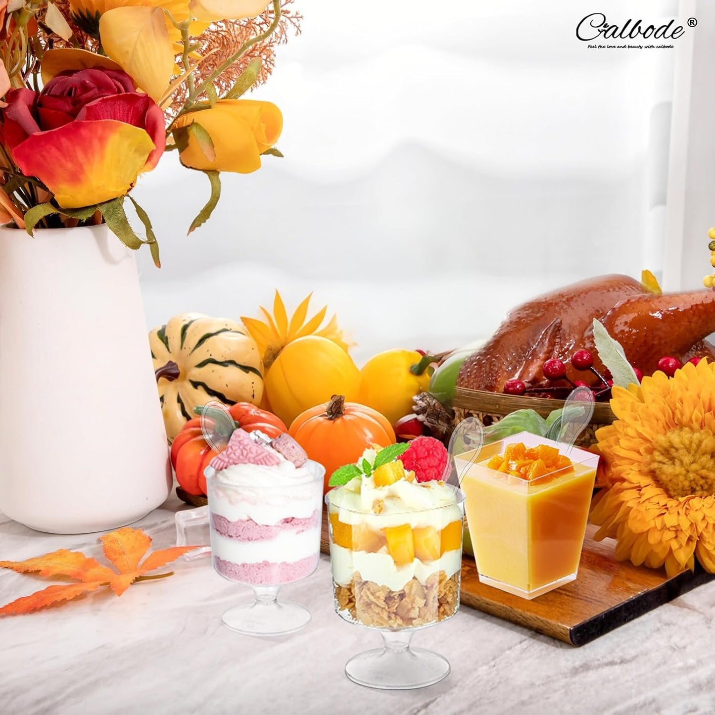 300 Packs Dessert Cups with Spoons, 5 OZ Mini Clear Plastic Disposable Parfait Cups, Small Serving Bowl for fruit ice cream pudding, Square Dessert Shot Glasses Round Goblets for Fall party