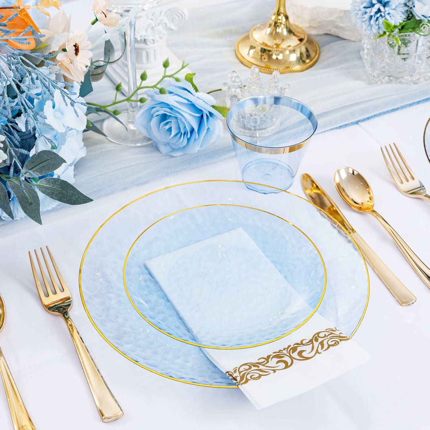 Rubtlamp 350 Pcs Clear Blue Plastic Plates, Blue Gold Plastic Dinnerware Set (50 Guests), Blue Disposable Plates With Gold Rim, Hammered Party Plates Set for Christmas Wedding And Party