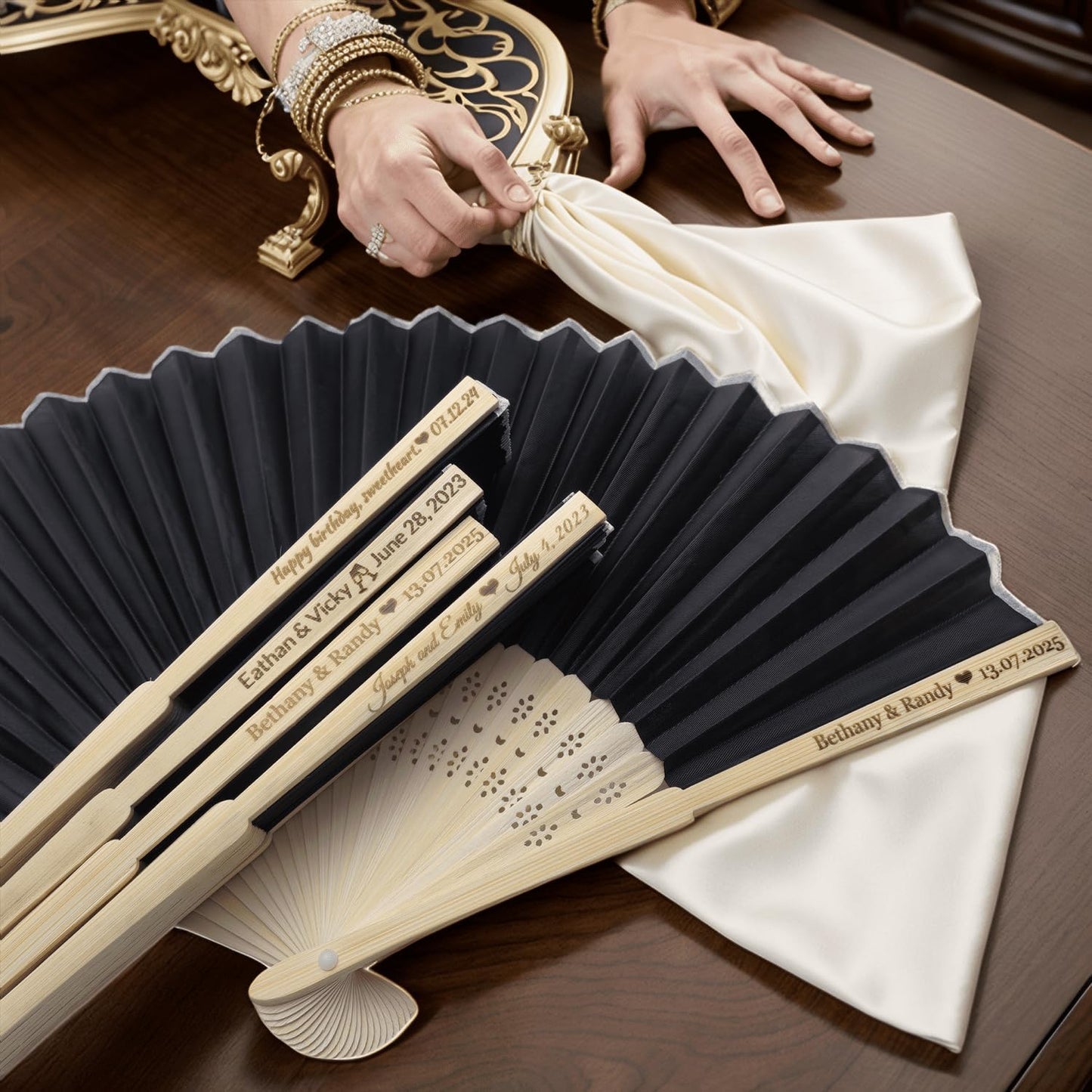 40Pcs Personalized Silk Fans Folding Hand Fan, Custom Wedding Bridal Party Favors, Summer Wedding Bride, Wedding Gift, Thank You Gift (Black)
