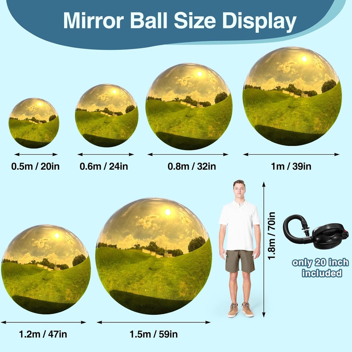 Inflatable Mirror Ball, Gold Big Shinny Balls Reusable Large PVC Disco Ball Balloon for Large Event Decoration, Party, Wedding Decor, Concerts, Stage (1 Pcs, 0.6m/23.6in Without Air Pump)