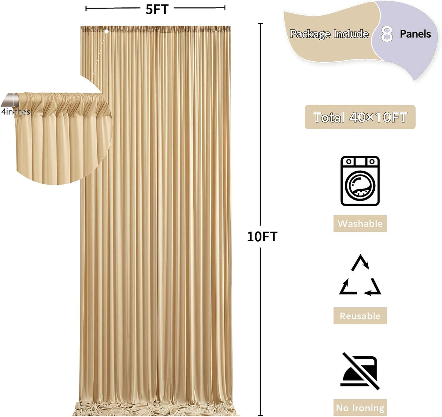 40ft x 10ft Wrinkle Free Beige Backdrop Curtain for Wedding Parties, Thick Polyester Photo Backdrop Drapes for Baby Shower Engagement Birthday Party Backdrop Stand,5ft x 10ft 8 Panels