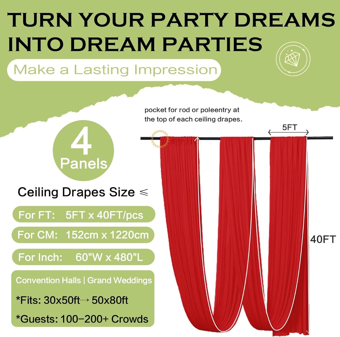 PartyVillage 20ftx40ft Red Ceiling Curtain for Wedding Parties – 4 Panels Wrinkle-Free 40 FT Long Tent Draping Curtains for Wedding, Birthday & Theme Parties, 40ft Height with Rod Pocket