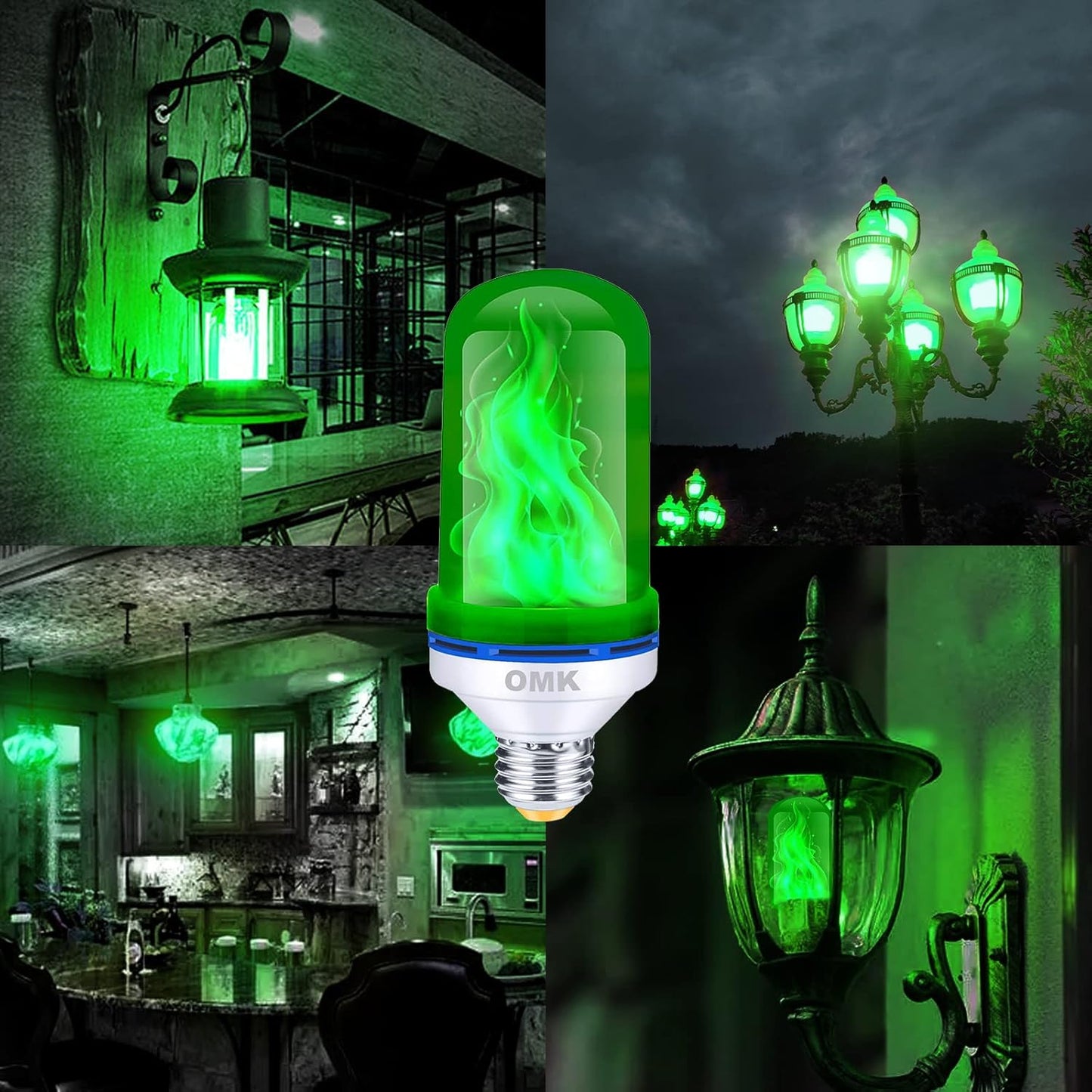 OMK - Christmas Decorations LED Flame Effect Light Bulbs - Upgraded 4 Modes Green Fire Simulated Lamps - Holiday/Christmas Gifts/Indoor/Outdoor Decoration Lights (2Pack)