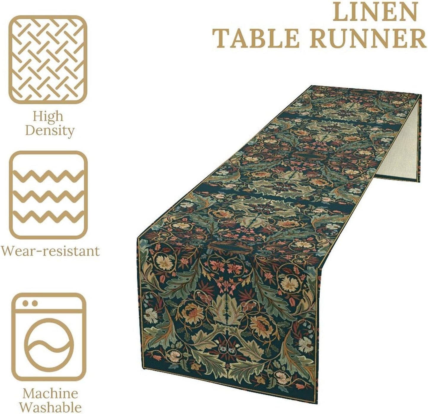 Green Morris Floral Table Runner, Boho Rustic Country Farmhouse Teal Red Rose Pattern for Home Kitchen Table Decor Dining Coffee Room Party Decor 13x90in