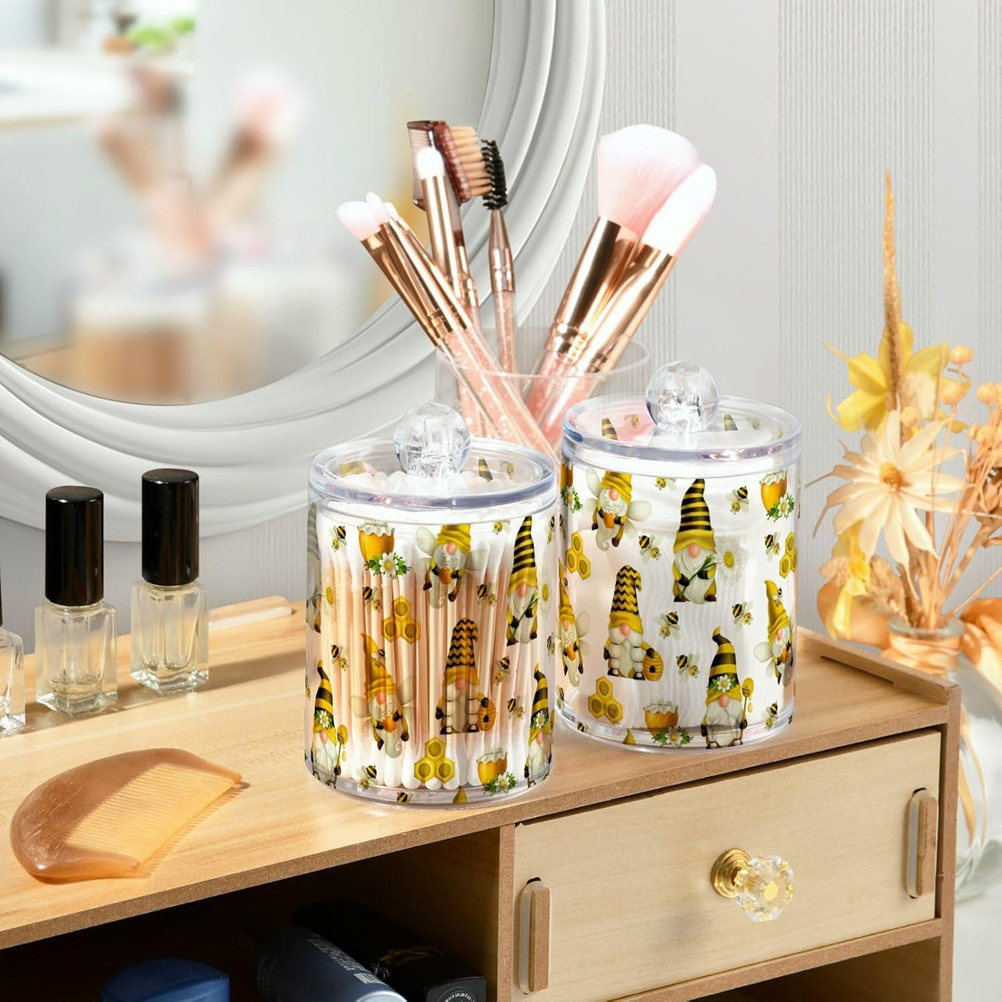 Qtip Holder Dispenser 2 Pack Gnome Bees Flying Dwarf Daisy Apothecary Jars with Lids Bathroom Vanity Countertop Canister Storage Organizer for Cotton Ball,Swabs,Pads,Floss