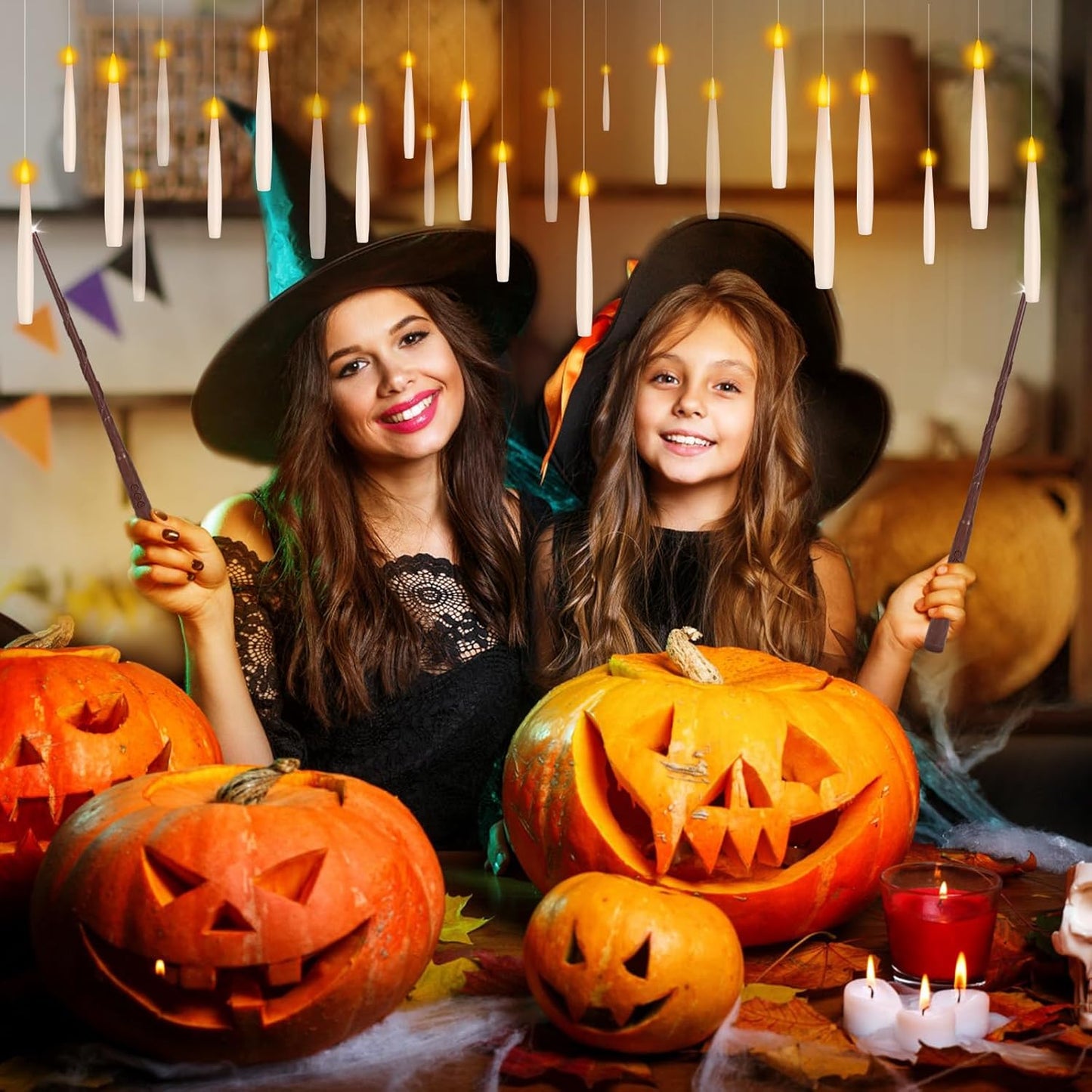 NURADA Floating Candles with Wand Remote Timer - 24 Pcs Magic LED Hanging Flameless Taper Candles Flickering Battery Operated for Halloween Birthday Theme Party Holiday Home Window Decor - White