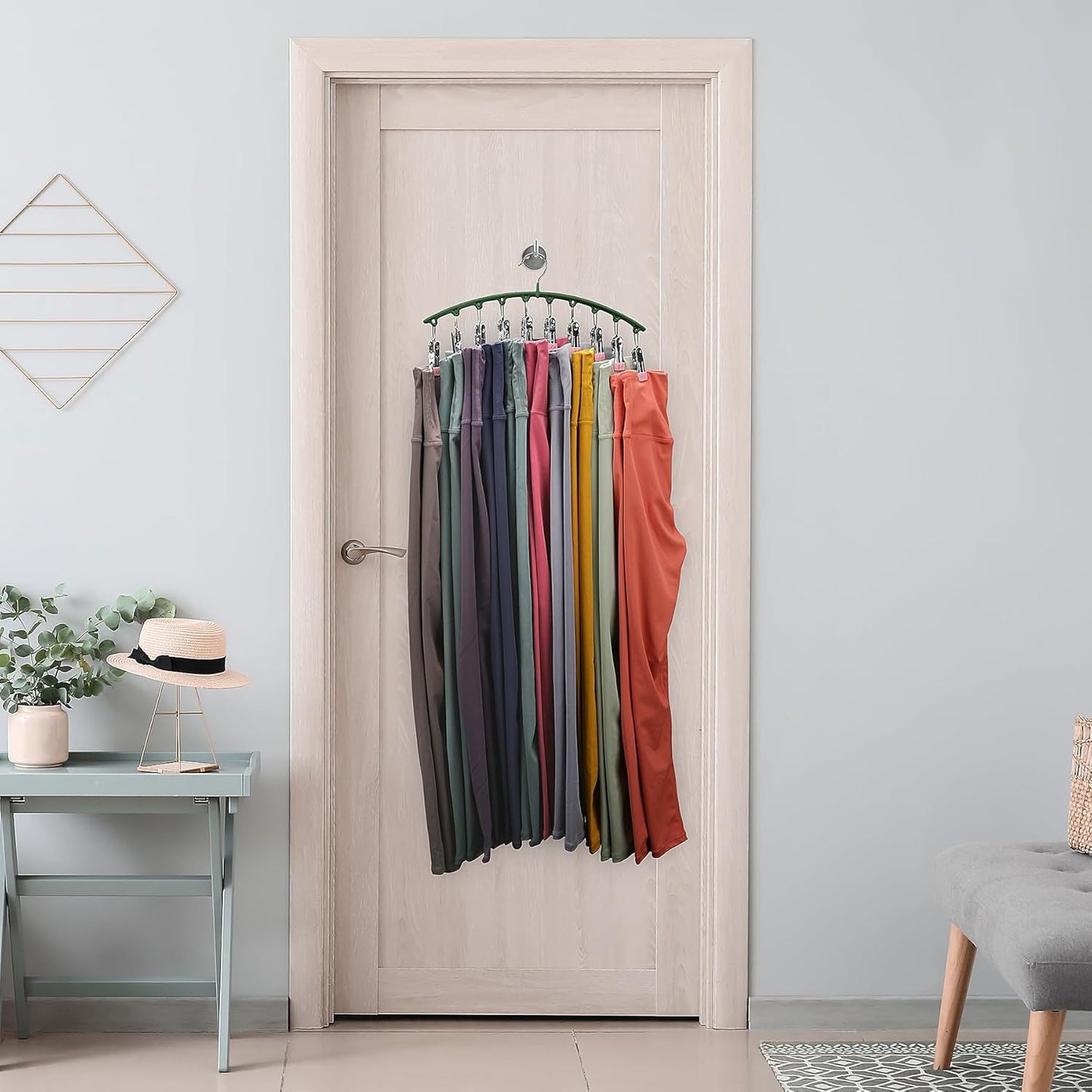 Legging Organizer for Closet, Metal Yoga Pants Hangers 1 Pack w/10 Clips Holds 10 Leggings, Space Saving Hanging w/Rubber Coated Closet Organizers and Storage, Green