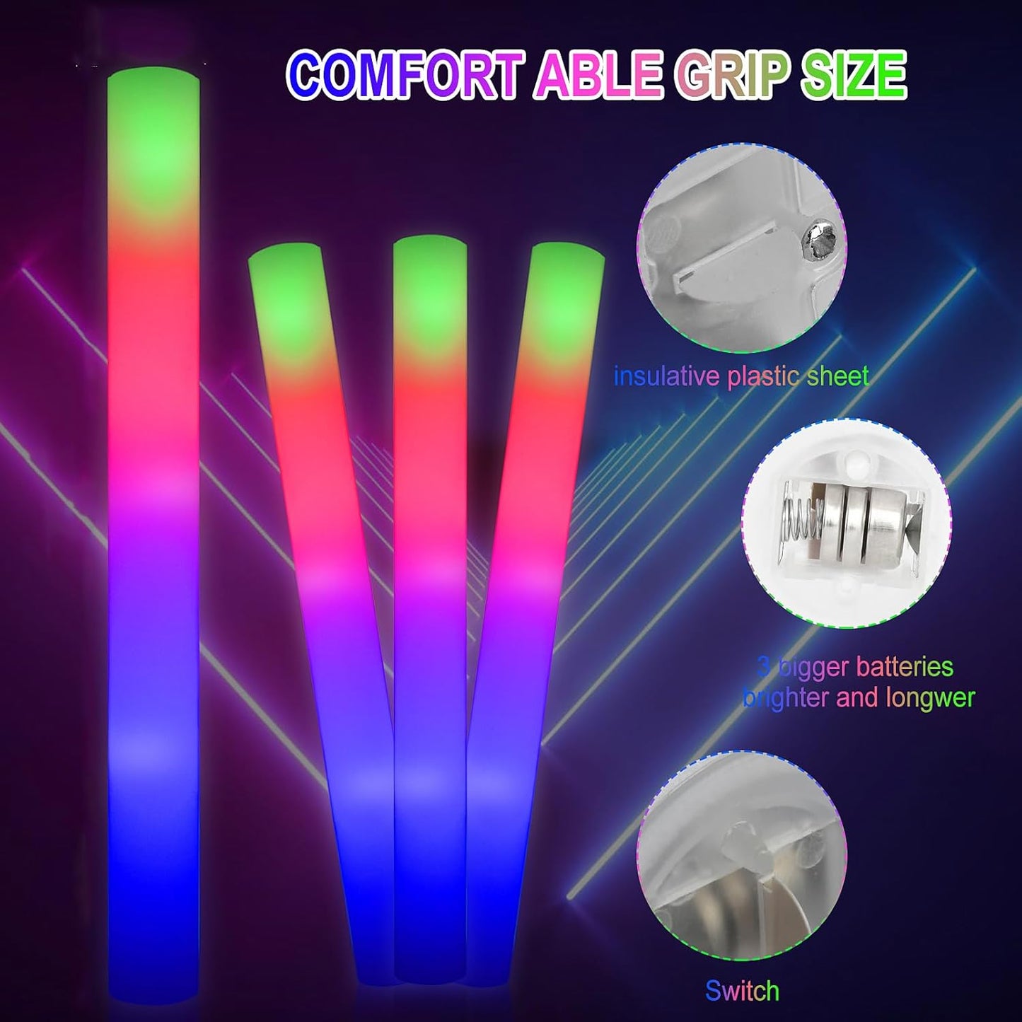 LifBetter 192 Pcs Foam Glow Sticks Bulk,Led Glow Sticks with 3 Modes Colorful Flashing,Long Life Battery Glow In The Dark Party Supplies for Weddings,Parties,Festivals,Sporting Events