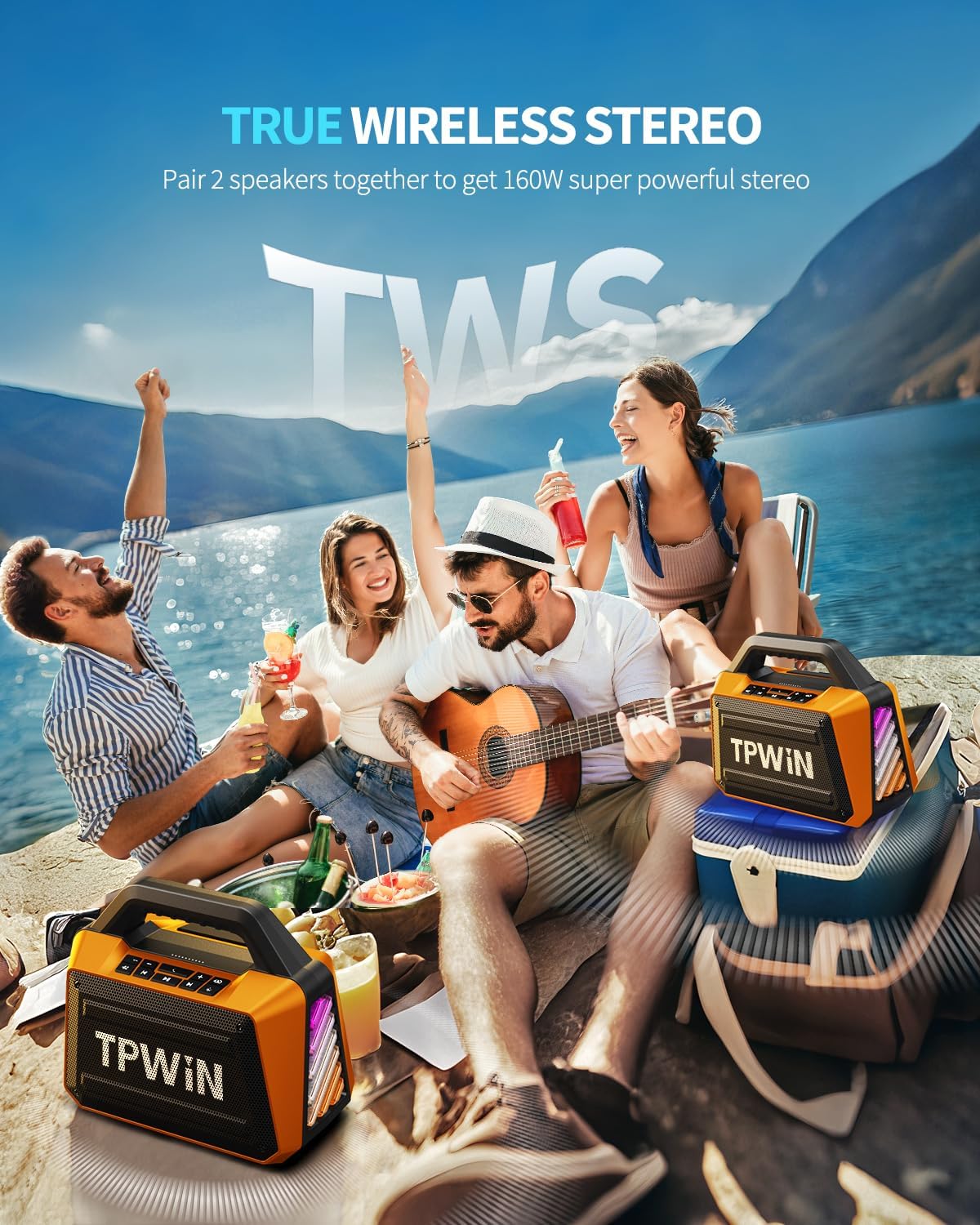Bluetooth Speaker - 80W Loud, Rugged Outdoor Speakers, IPX6 Waterproof, 20H Playtime, Deep Bass, Lightshow, TWS, BT 5.3 Wireless, Portable for Travel Hiking Camping Beach Pool - Orange