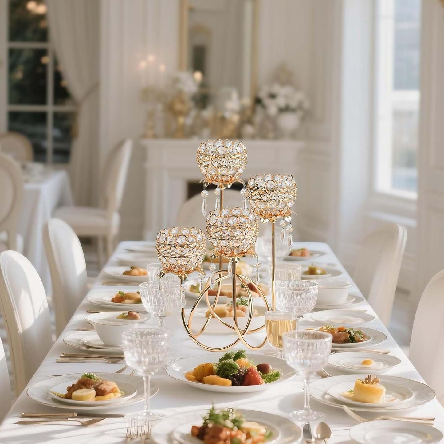 4 Arms Crystal Candelabra Tealight Holder - Tall 15.7 Inch Elegant Centerpiece with Crystal Pendant Bowls & Artistic Metal Stand for Wedding, Dining Table, Home Decor (1, Gold)