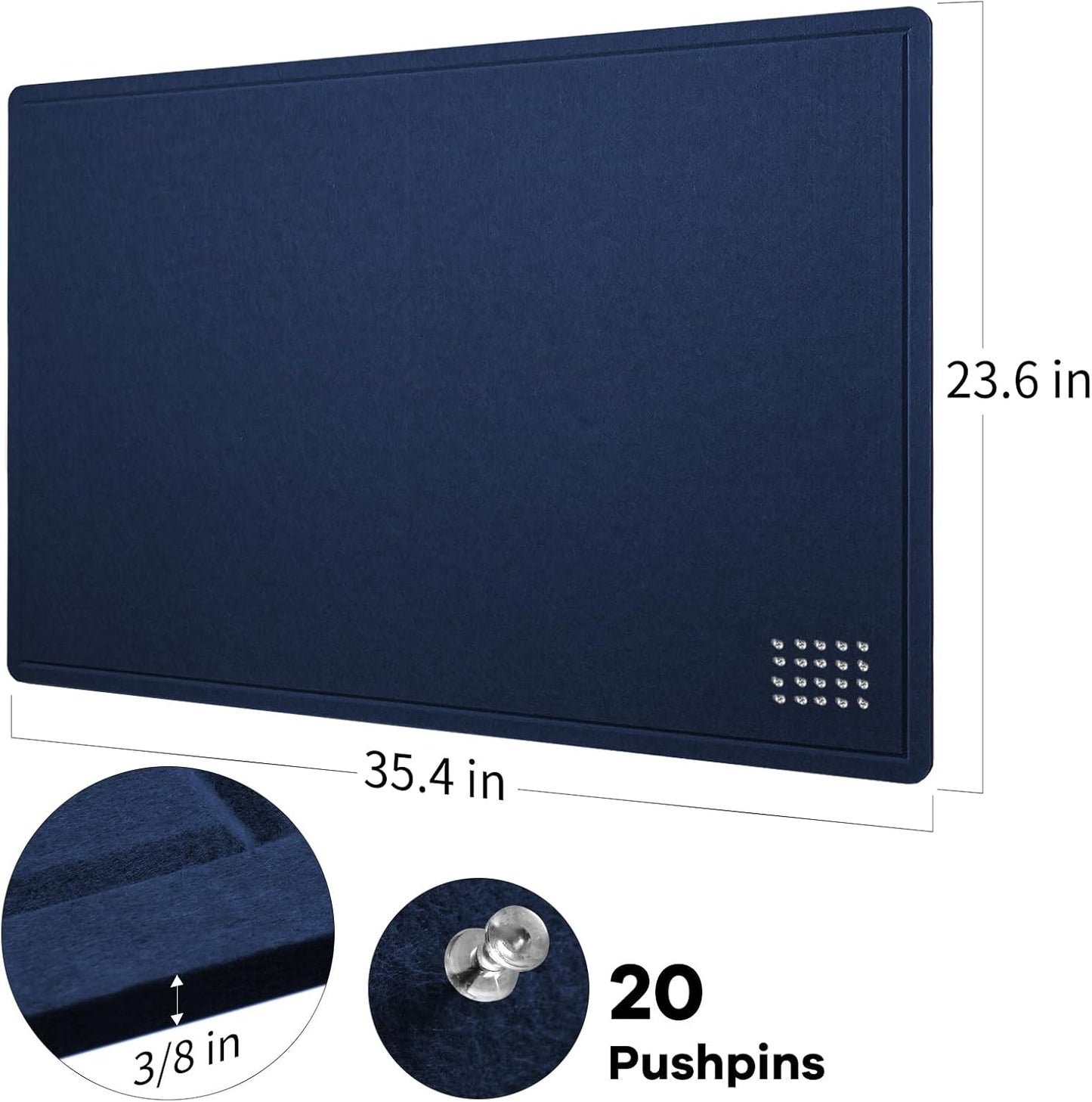 Bulletin Board, 36 x 24 inches Felt Board - Decorative Pin Board, Cork Board Alternative for Wall, 3' x 2' Foldable Picture Board Self-Adhesive Vision Board Prayer Board with 20 Pushpins - Dark Blue