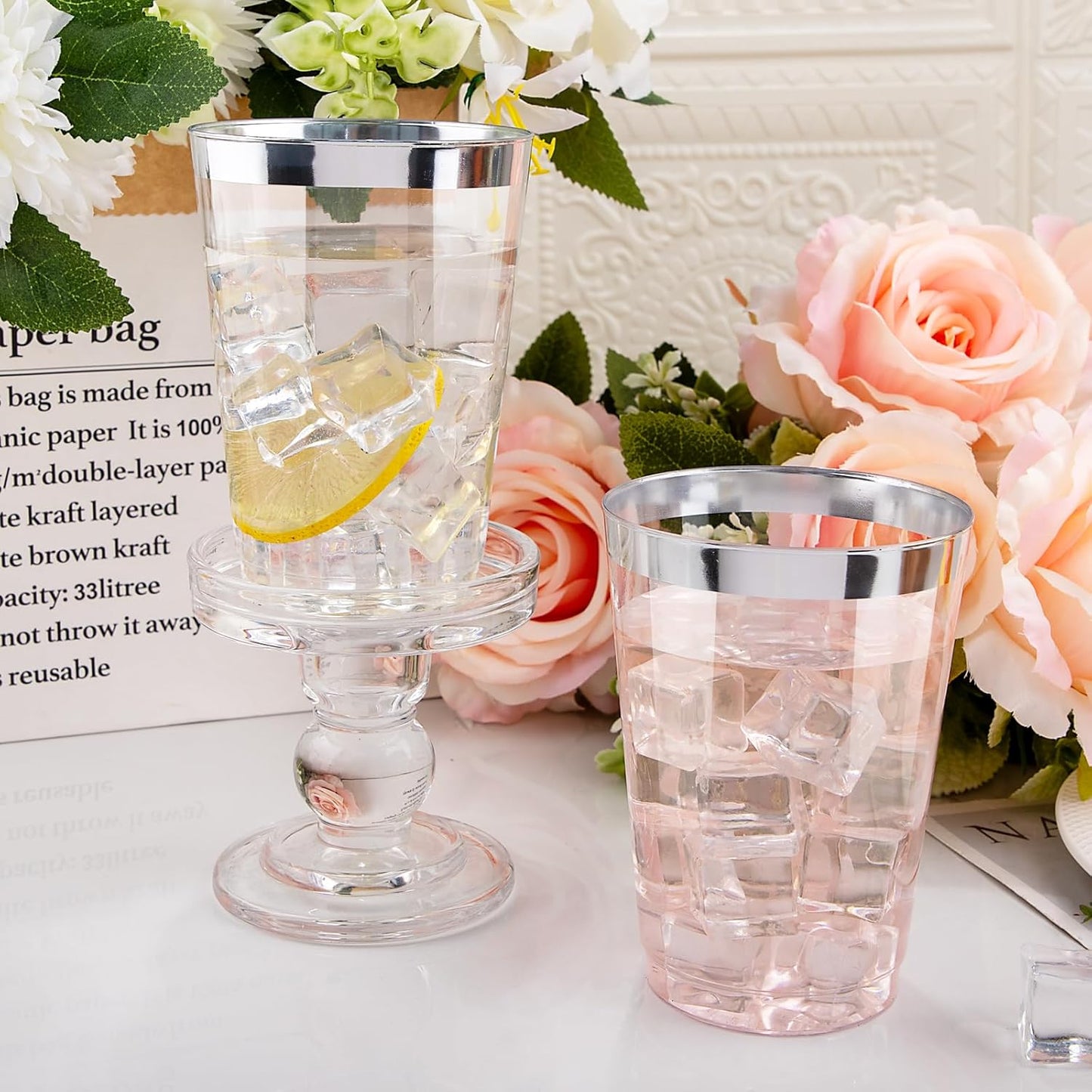 I00000 50 Pack 12 oz Silver Rimmed Disposable Cups, Heavy Duty Plastic Tumblers for Party