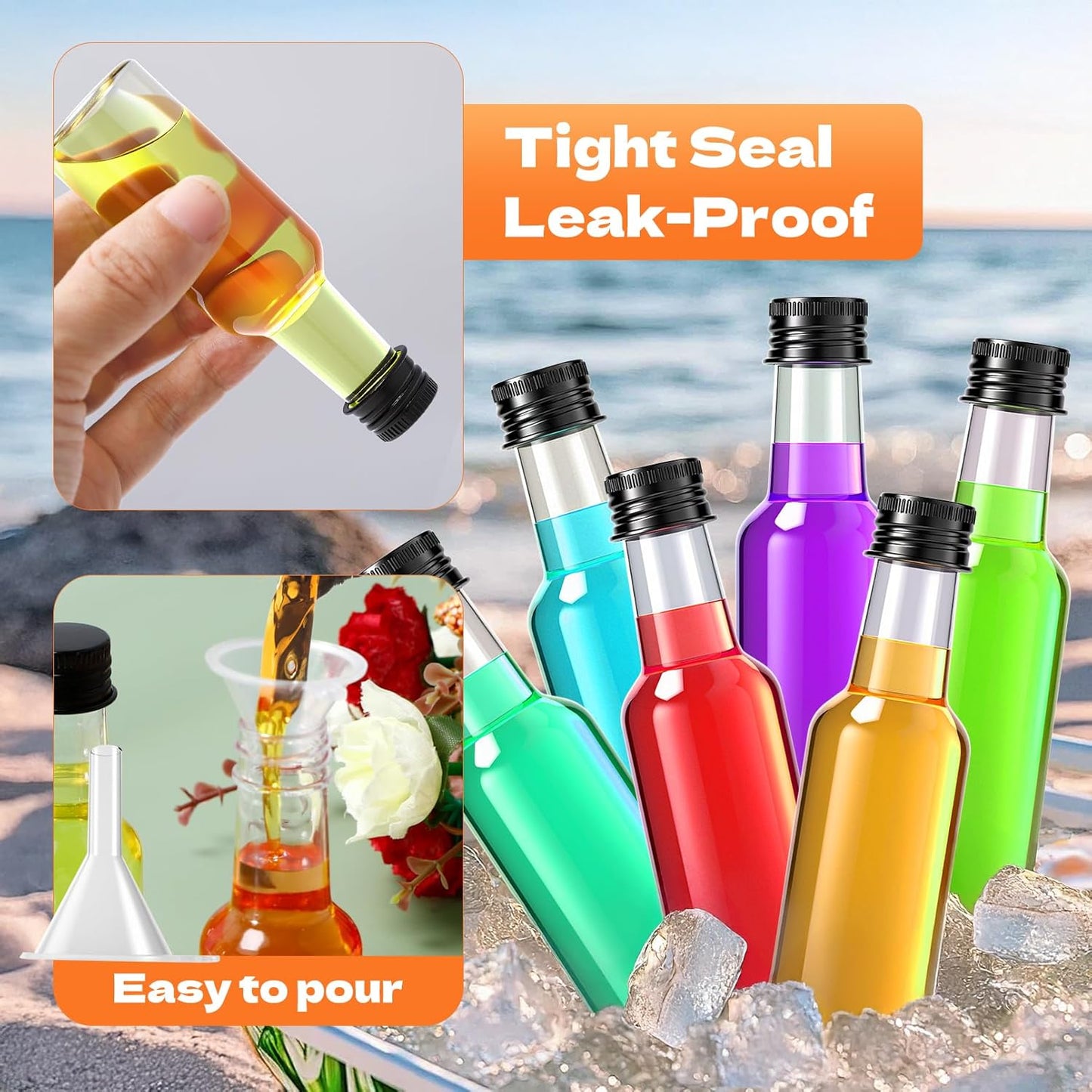 120 Pcs Mini Liquor Bottles with Black Cap, 2oz Plastic Alcohol Bottle, Mini Salad Dressing Bottles, Food-Grade Empty Spirit Bottle with Funnels for Cocktail Party Weddings