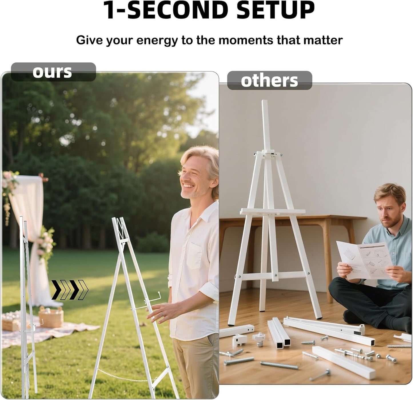 GRENTY 46.7" Easel Stand for Wedding Signs – No Assembly Needed, Heavy Duty Metal Display Stand for Art, Welcome Signs, Posters, Pictures, Paintings, and Floor Décor