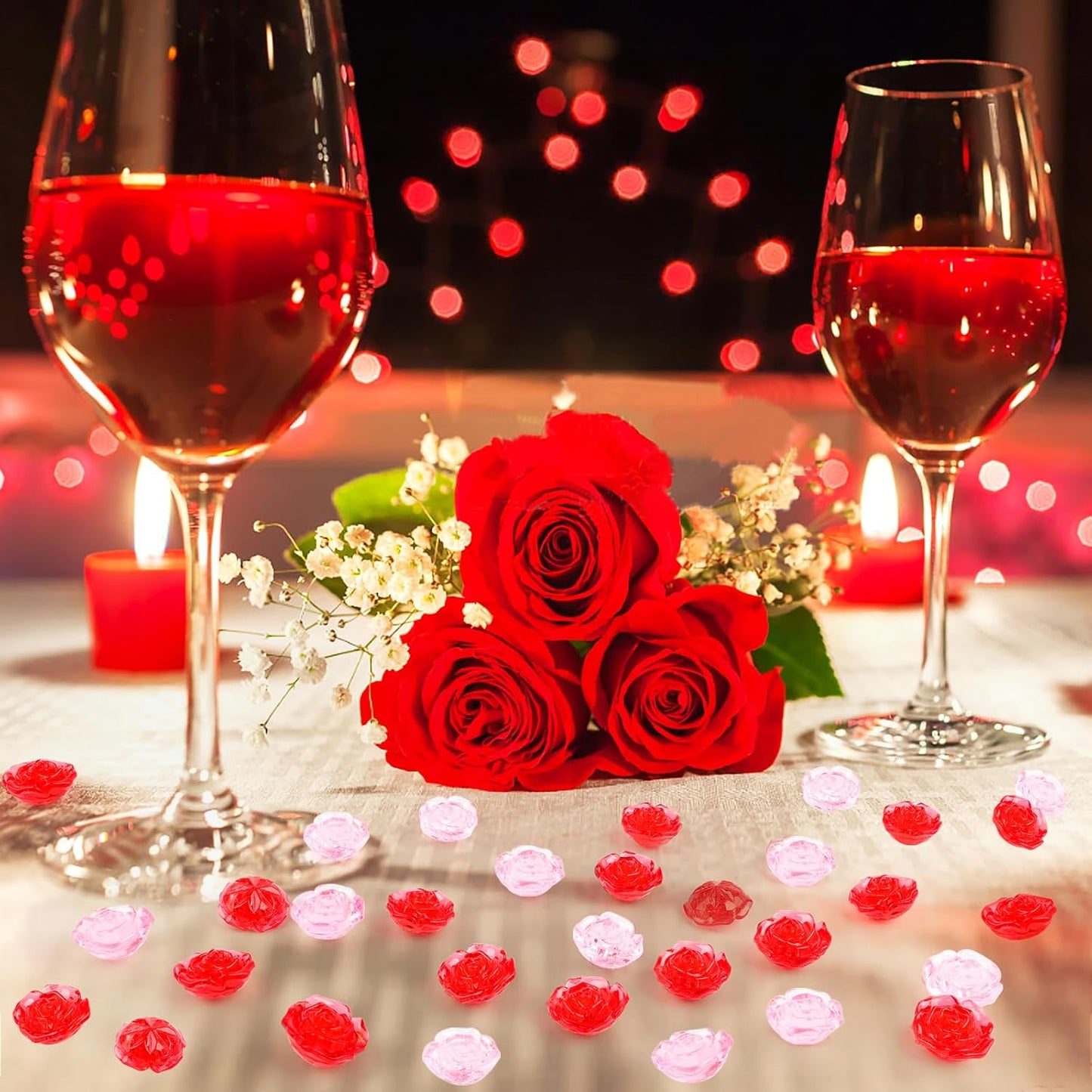 Fangoo 210PCS Red Pink Acrylic Rose Ornaments Mini Acrylic Rose Gems for Valentine Vase Filler Decor for Table Scatter Engagement Valentine's Day Wedding Anniversary Party (RedPink-Rose, 12OZ)
