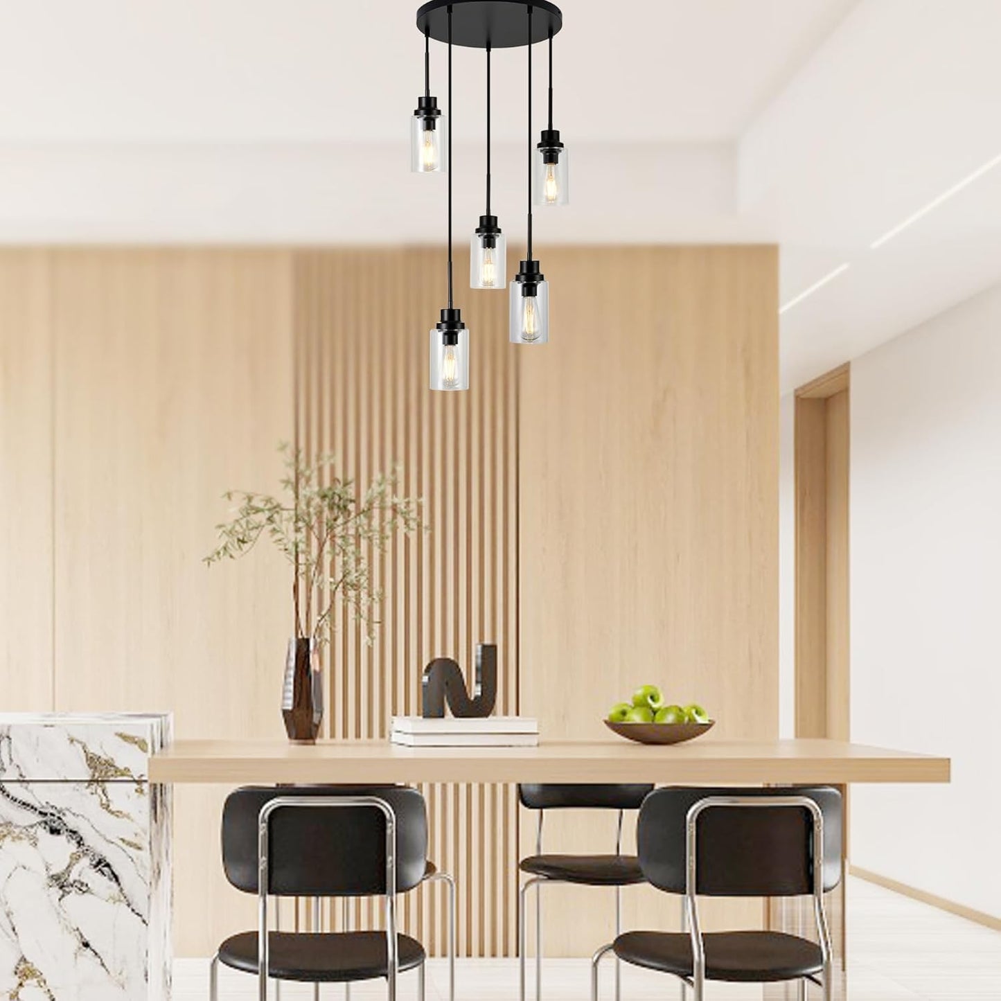 5-Light Kitchen Island Dimmable Pendant Lights with Clear Glass Shade, Black Finish for Dinning Room, Living Room, Kitchen Island