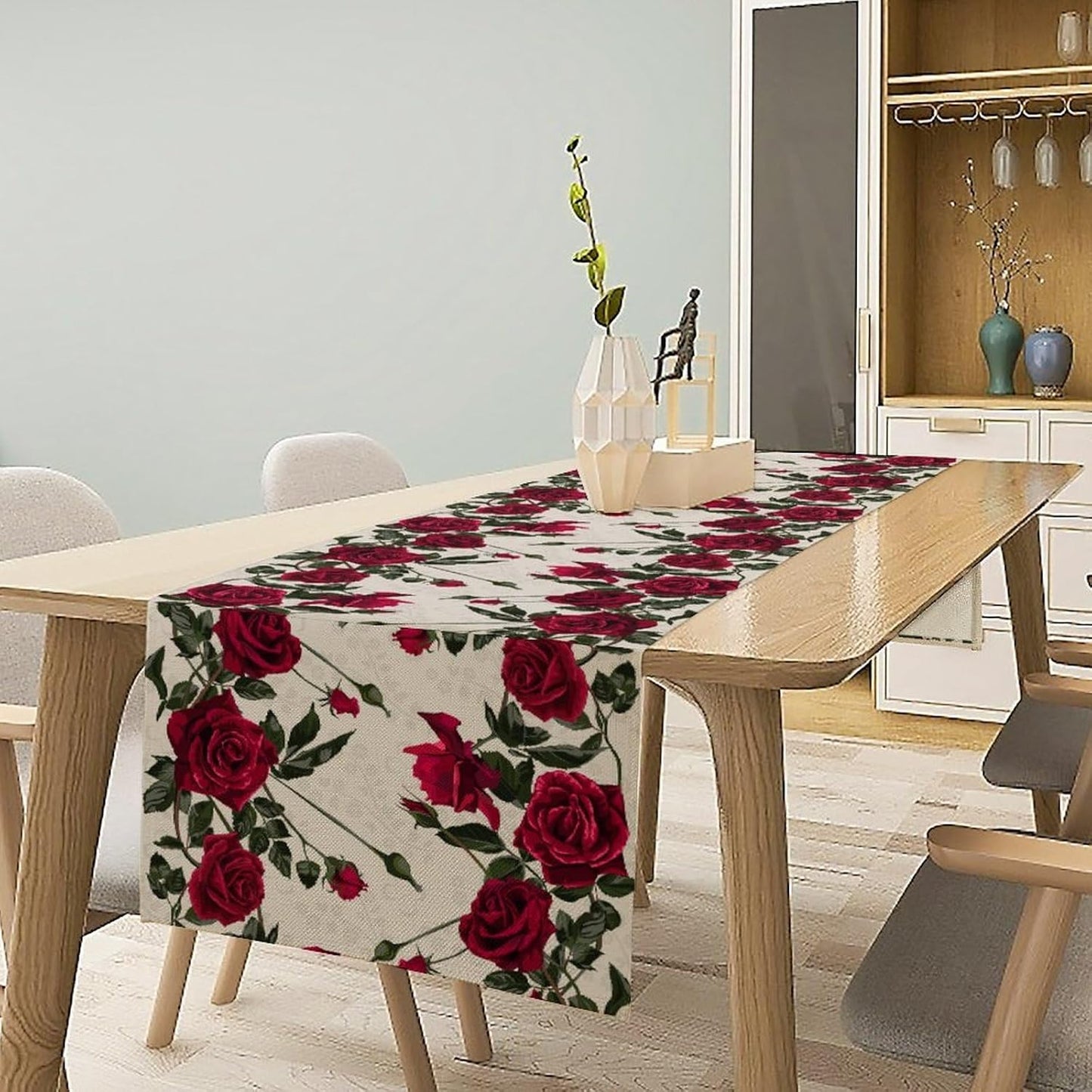Rose Table Runner, Retro Red Rose Flowers Green Leaves Valentine's Day Kitchen Dinning Table Runner for Indoor Outdoor Home Wedding Party Holiday, 13x108 Inch
