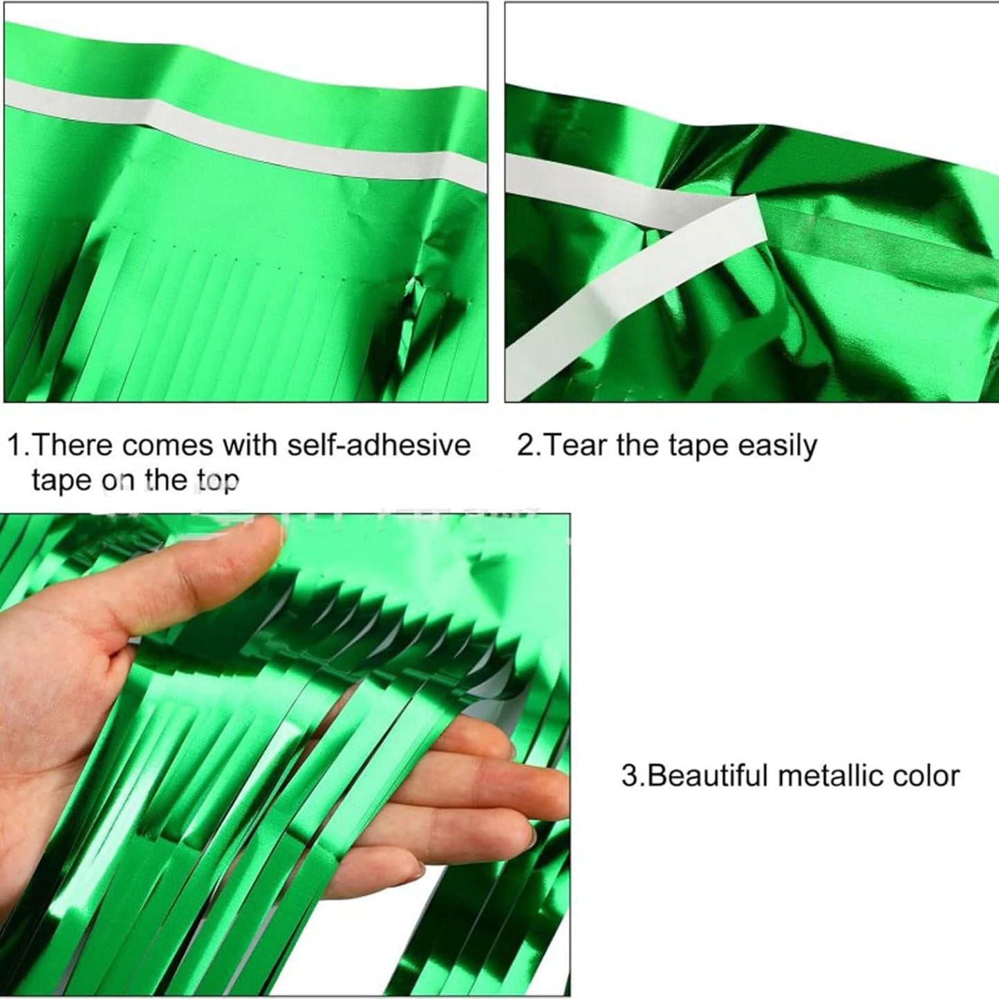 4 Pack Metallic Foil Fringe Tinsel Table Skirts,29x108 Inch Party Disposable Table Skirt Banner for Hotel Banquet Parade Floats Mardi Gras Holiday Birthday Wedding New Year Party Decoration(Green)