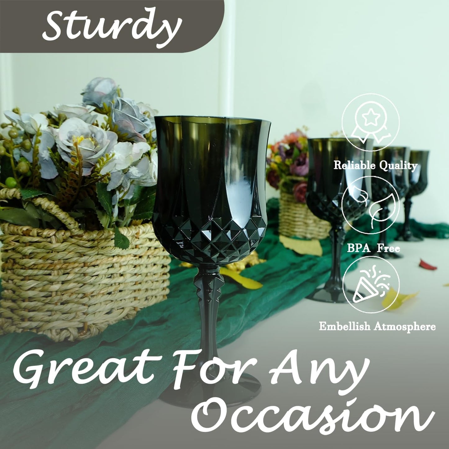 Plastic Wine Glasses,Plastic Goblets Vintage Style Cordial Drinking Glasses for Wedding Reception, Halloween Grand Event Party Supplies (12, Black)
